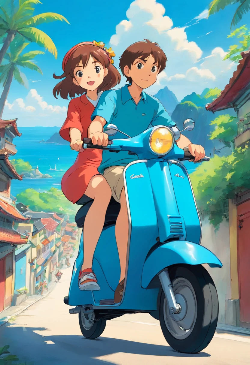 Radko and Jenny on a scooter trip around Taiwan. Radko is European, Jenny Taiwanese. They are riding two scooters down the east coast. The sea is azure and the sky is blue. They are free and happy!