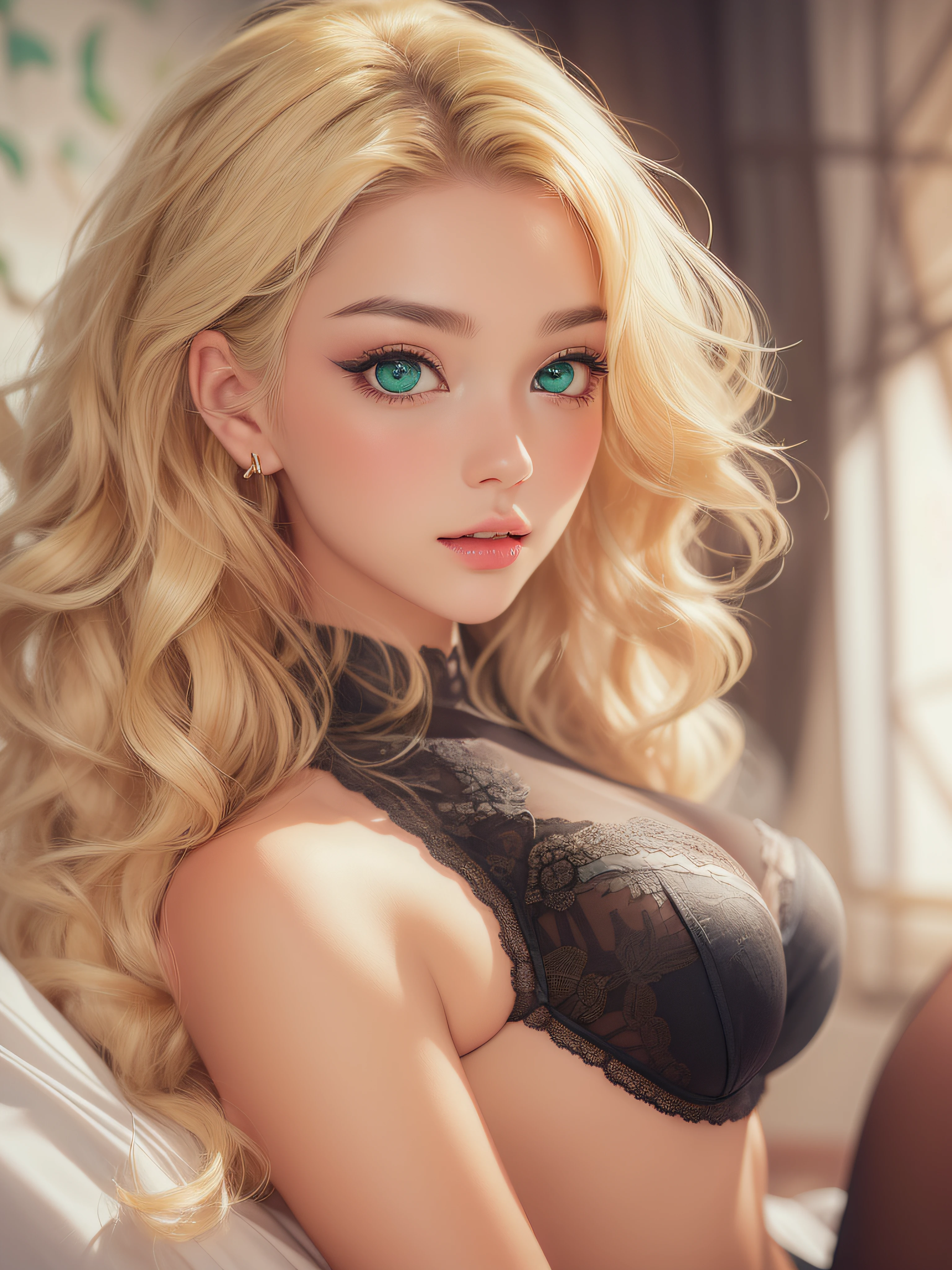 ((masterpiece)), ((best quality)), ((very detailed)), ((blonde wavy hair)), 8K, solo 1 girl, young girl, 20 years old, tan, american girl, beautiful face, beautiful eyes, perfect body, perfect legs, big breast, green eyes, lingerie, sensual position, looking the camera, hyper-realistic, stockings, detailed background, detailed illustration, entire figure,