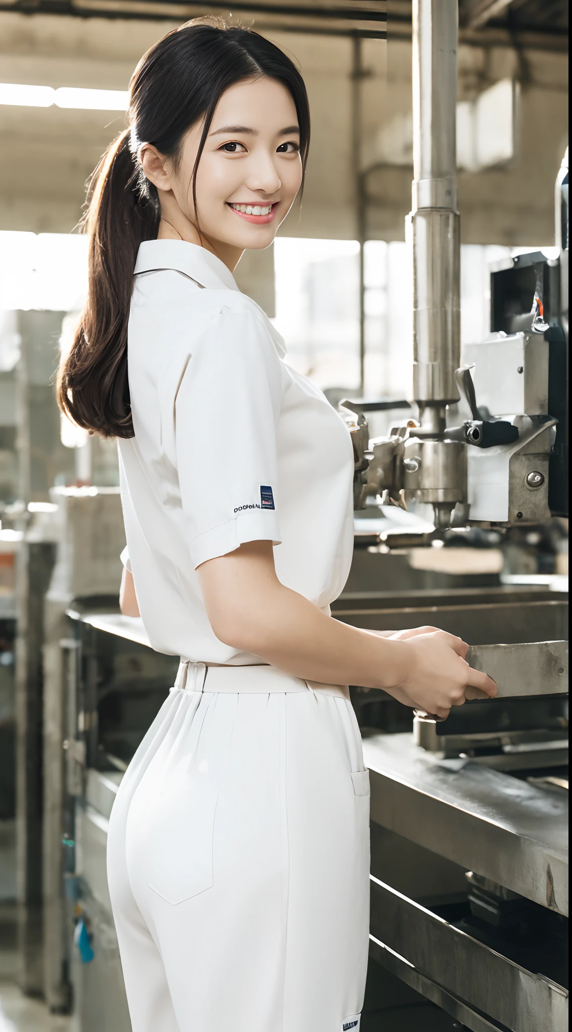 masutepiece, Best Quality, 超A high resolution,(photographrealistic:1.4) (depth of fields),(Lens Glow) ,inside factory:1.5、a Pretty Japanese woman1a person:1.5、(White Workwear Pants:1.5)、(White workwear:1.5)、(posterior view:1.5)、Shy smile、
