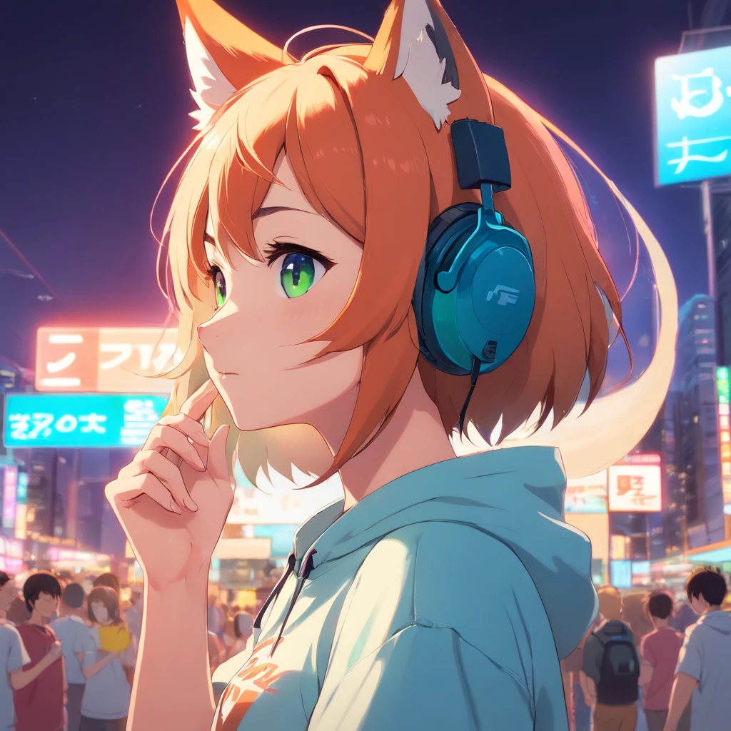 Cute fox in ANIME style, Wearing a T-shirt, Cinematic lighting, Depth sensing, ultra - detailed, 8K quality. Male head only, Best quality, Humanoid, Look at the audience wearing a #FE8A04
t-shirt, color of hair is #1752AB, using headphones with neon lights, the color of headphones are #F53B91, eyes colors is #FE8A04, Fox, Logo image, CGSetnation ),Like , professional art, cgsociety - w 1 0 2 4 - n 8 - i, using just this three Hexadecimal colors #FE8A04 #F53B91 #1752AB