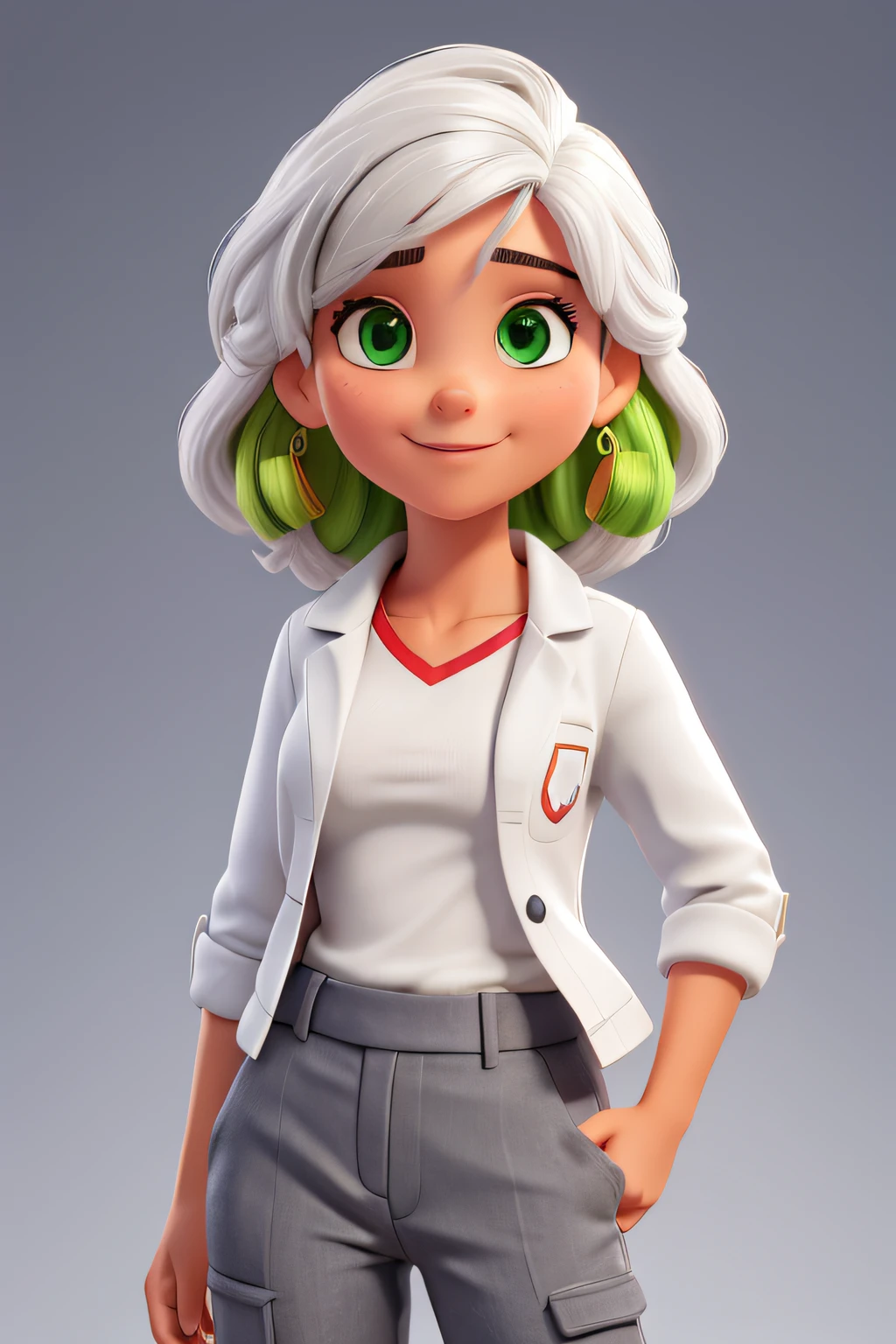 Uma jovem mulher de 30 anos bonita com longo cabelo castanho escuro rabo de cavalo, olhos verdes, Curto e magro, peito achatado, wearing white lab coat, speech therapist and red saja pants. dark gray background and studio lighting, Yearbook pose, close-up do personagem, lindo sorriso, retrato headshot do personagem, close-up do personagem.