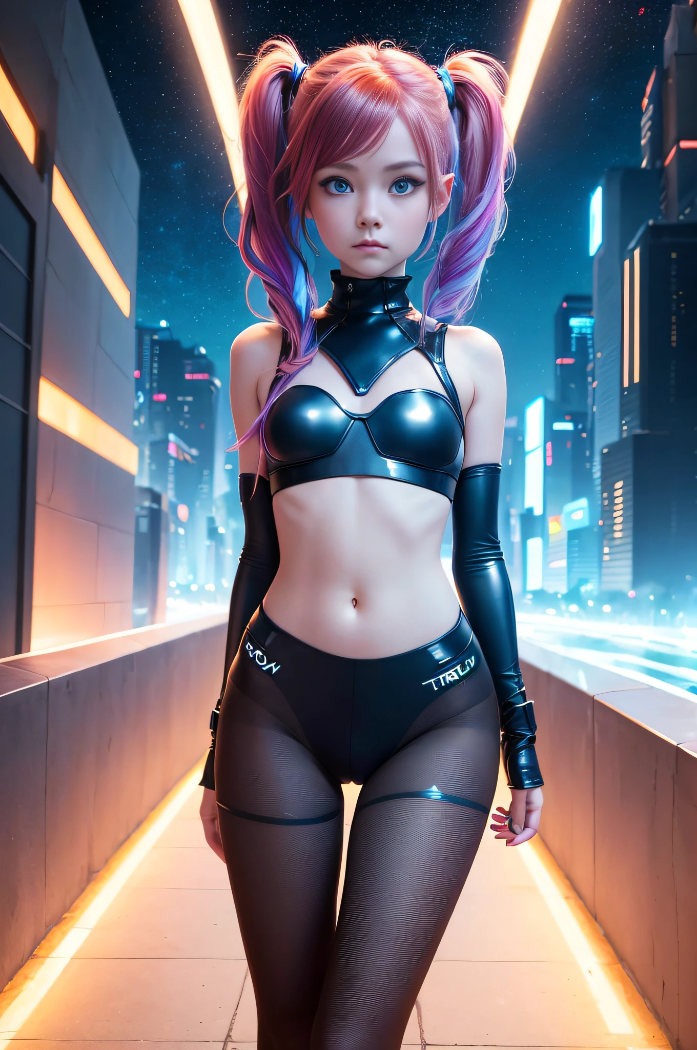1 girl, solo, (nsfw), cute redhead 18-year-old girl in twin tails, ((perfect female body)), (cute face make up), multiple (rainbow colored hair: 1.2), (beautiful detailed blue eyes: 1.6), (photo realistic eyes: 1.6), happy, Ukrainian, (petite body), ((small hips)), pale white skin, (micro bikini), ((thin pantyhose: 1.6)), (("TRON LEGACY futuristic city" style background)), (night time:1.2), photo realistic.