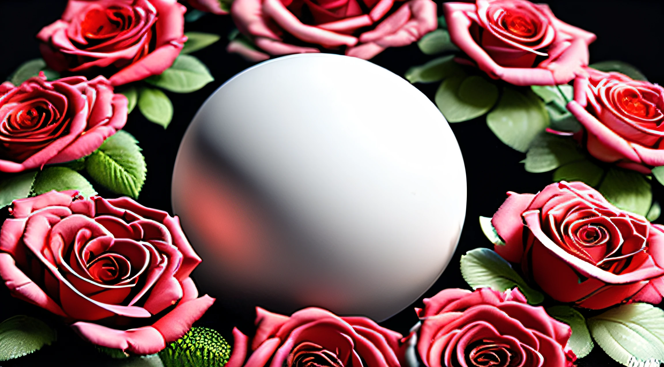 In this ultra-detailed CG art, There is a white ball, surrounded by unearthly roses, on a black background, beste-Qualit, hight resolution, intricate detials, phantasy, tmasterpiece, very extremely beautiful, red roses, White roses, roses pink