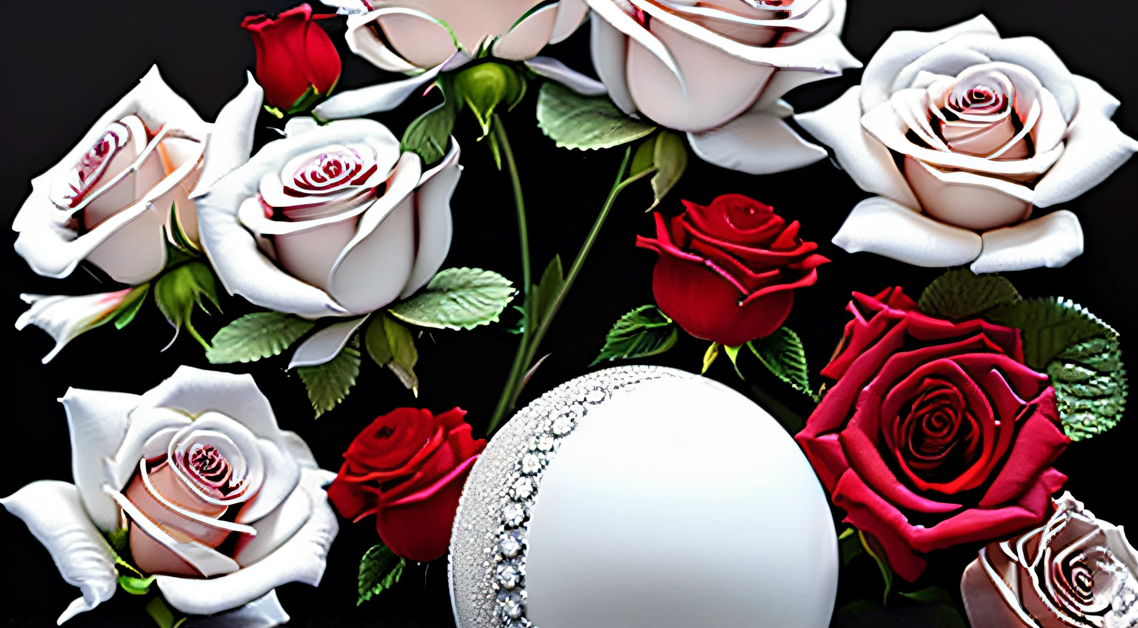 In this ultra-detailed CG art, There is a white ball, surrounded by unearthly roses, on a black background, beste-Qualit, hight resolution, intricate detials, phantasy, tmasterpiece, very extremely beautiful, red roses, White roses, roses pink