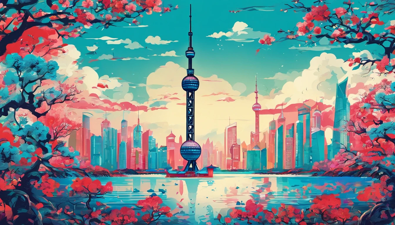 Chinese painting， Modern Chinese background， (Shanghai, China，Oriental Pearl TV Tower:1.4)，City high-rises，Auspicious clouds，View of the Bund，rays of sunshine，Adopt a psychedelic color scheme，hyper detailed illustration，Light red and sky blue，Imaginary landscape，psychedelic manga，Landscapes and ultra HD images，Faraway view，1.4x realism，tmasterpiece， super detailing， Epic composition， hyper HD， high qulity， extremely detaile， offcial art， 统一 8k 壁纸，super detailing