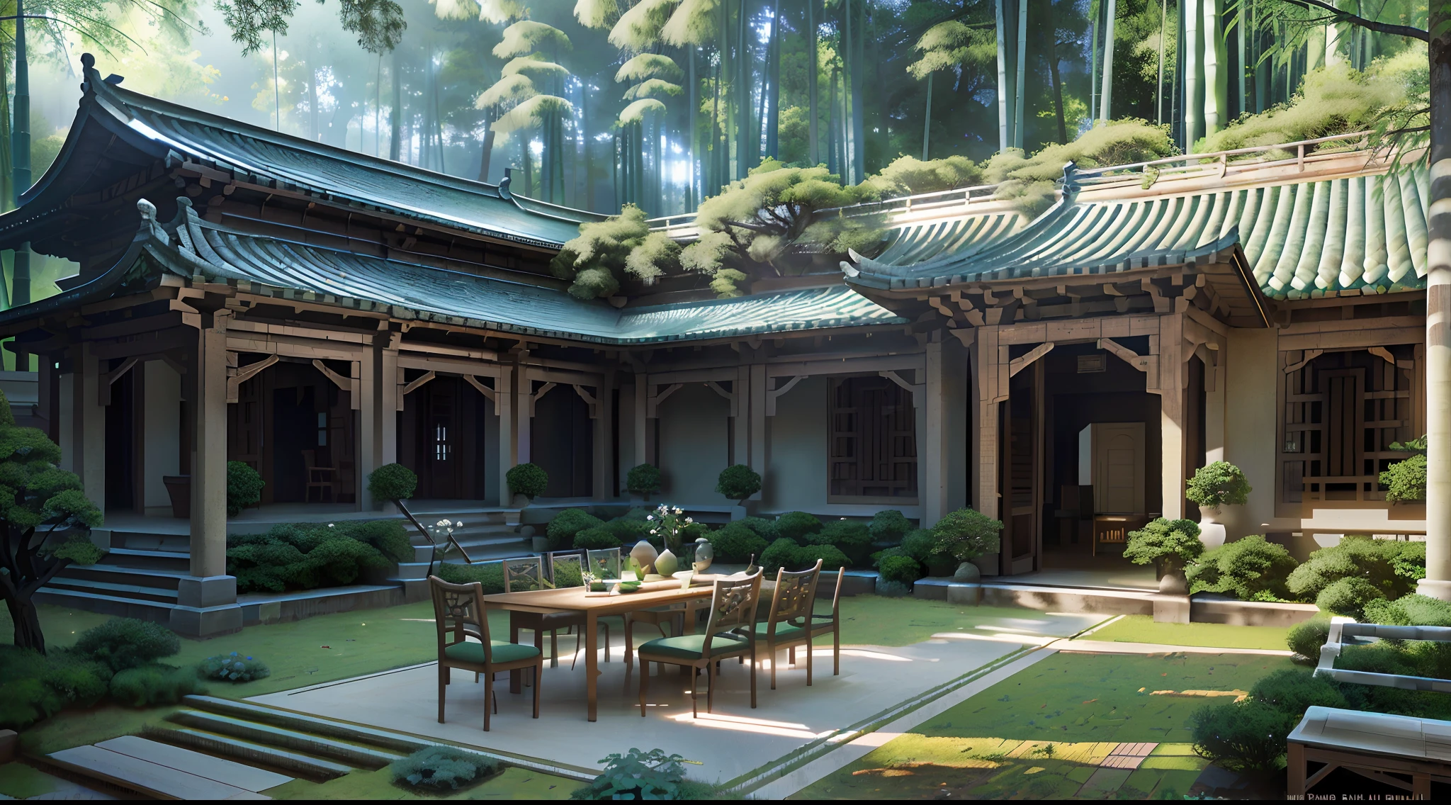 Courtyard painting with table, chairs and benches,Realistis,realisticlying,Relaxing concept art,pines,bamboo forrest,immensely detailed scene,Beautiful artwork,Detailed landscapes ,highly detailed scenario,