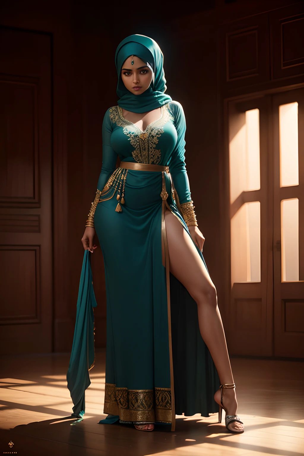 portrait of a award winning photo of Indian Tamil princess posing in a dark studio, (rim lighting,:1.4) two tone lighting, sharp focus, teal hue, octane, unreal, dimly lit, low key, (((orgasam ))) , playing with her pussy , sexy pose, hijab, lace panty , kurti ,( removing her pants:0.5)