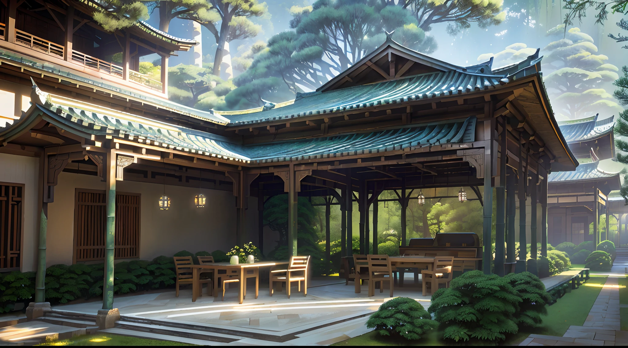 Courtyard painting with table, chairs and benches,Realistis,realisticlying,Relaxing concept art,pines,bamboo forrest,immensely detailed scene,Beautiful artwork,Detailed landscapes ,highly detailed scenario,