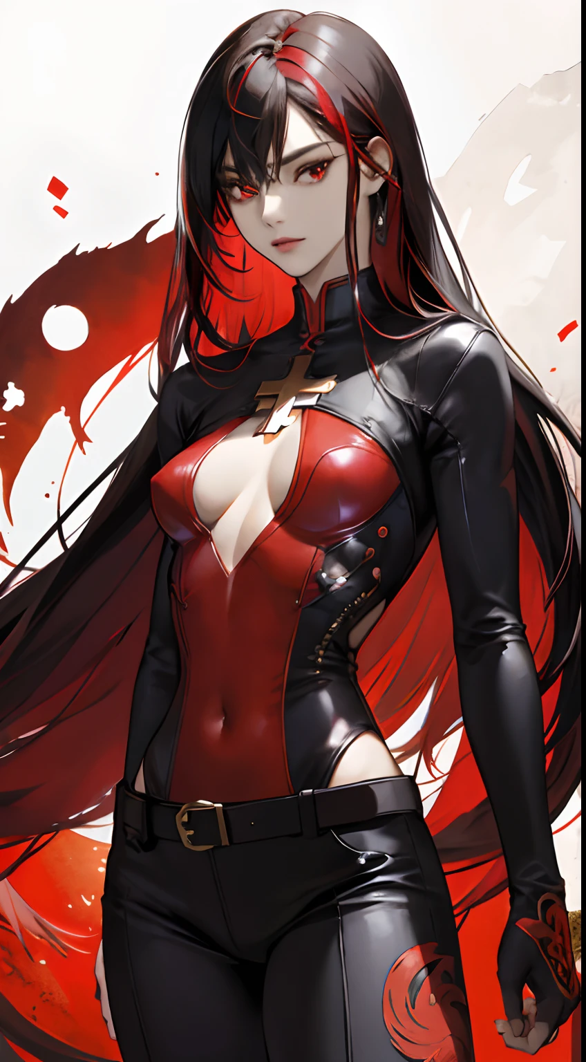 (hiquality、)、a cool,An 18-year-old woman,Long straight hair with red highlights on black hair,Red Eyes,sharp eye,Intricately decorated red leather bodysuit,cross belt,Comical illustration,Fantasia、Beautuful Women、Small breasts、Detailed expression of realistic skin texture、busy、Combat stance、buttle、Martial artist、faust、dance