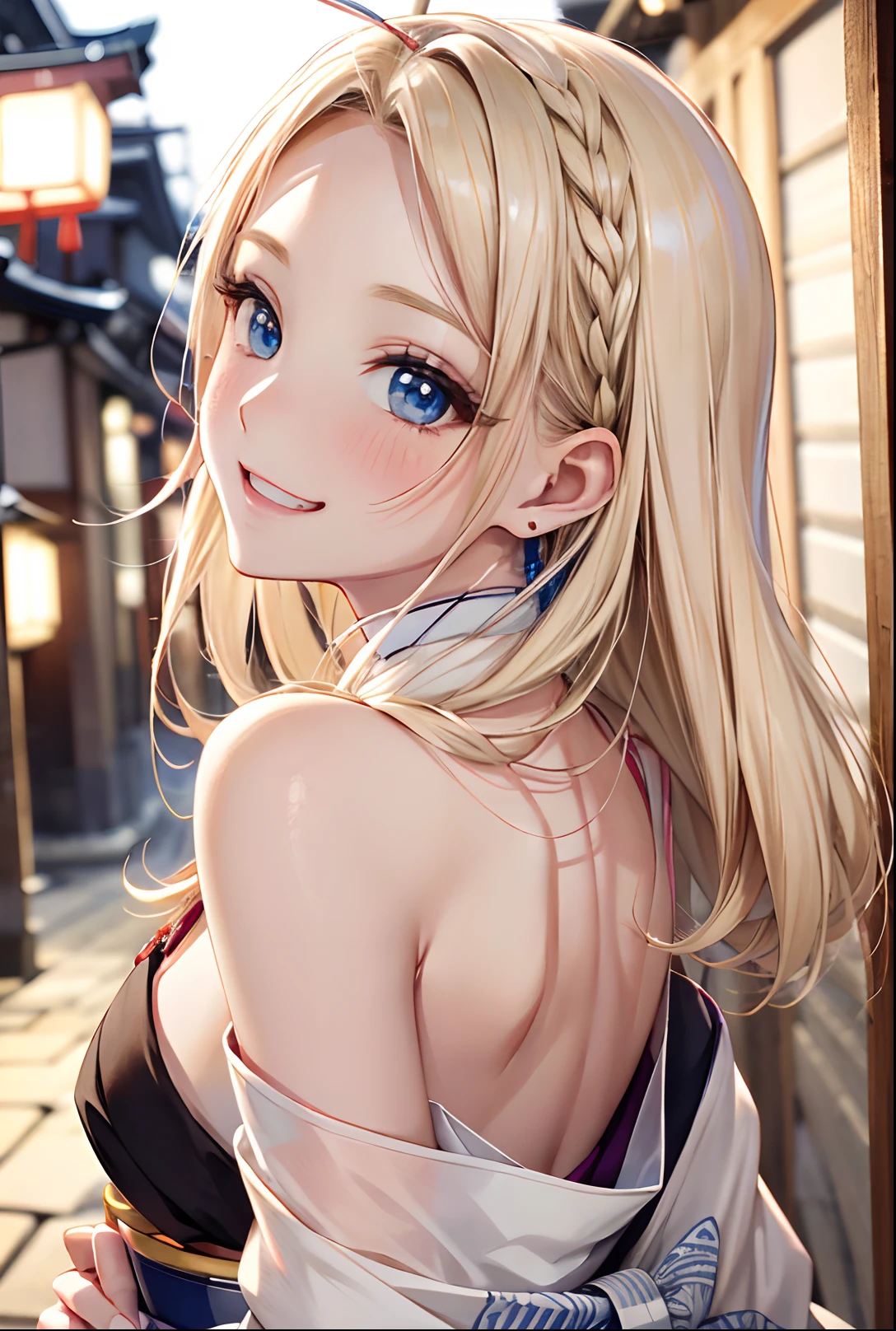 absurderes, ultra-detailliert,bright colour, masuter piece,extremely beautiful detailed anime face and eyes, view straight on, ;D, shiny_skin,25 years old, (Smooth straight blonde hair),(Forehead:1.1) Shiny hair, Delicate beautiful face, red blush、(deep blue eyes:1.3), White skin, hair clips,   (Looking back:1.3)、(Happy smile:1.3)、Shiny hair、small earring、Small necklace、Brightly colored kimono、(Kyoto at night:1.4)、starrysky