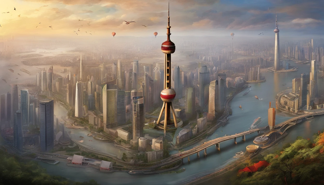 Chinese painting, Modern Chinese background, (Shanghai, China,Oriental Pearl TV Tower:1.4),City high-rises,Auspicious clouds,View of the Bund,rays of sunshine,Adopt a psychedelic color scheme,hyper detailed illustration,Light red and sky blue,Imaginary landscape,psychedelic manga,Landscapes and ultra HD images,Faraway view,1.4x realism,tmasterpiece, super detailing, Epic composition, hyper HD, high qulity, extremely detaile, offcial art, 统一 8k 壁纸,super detailing