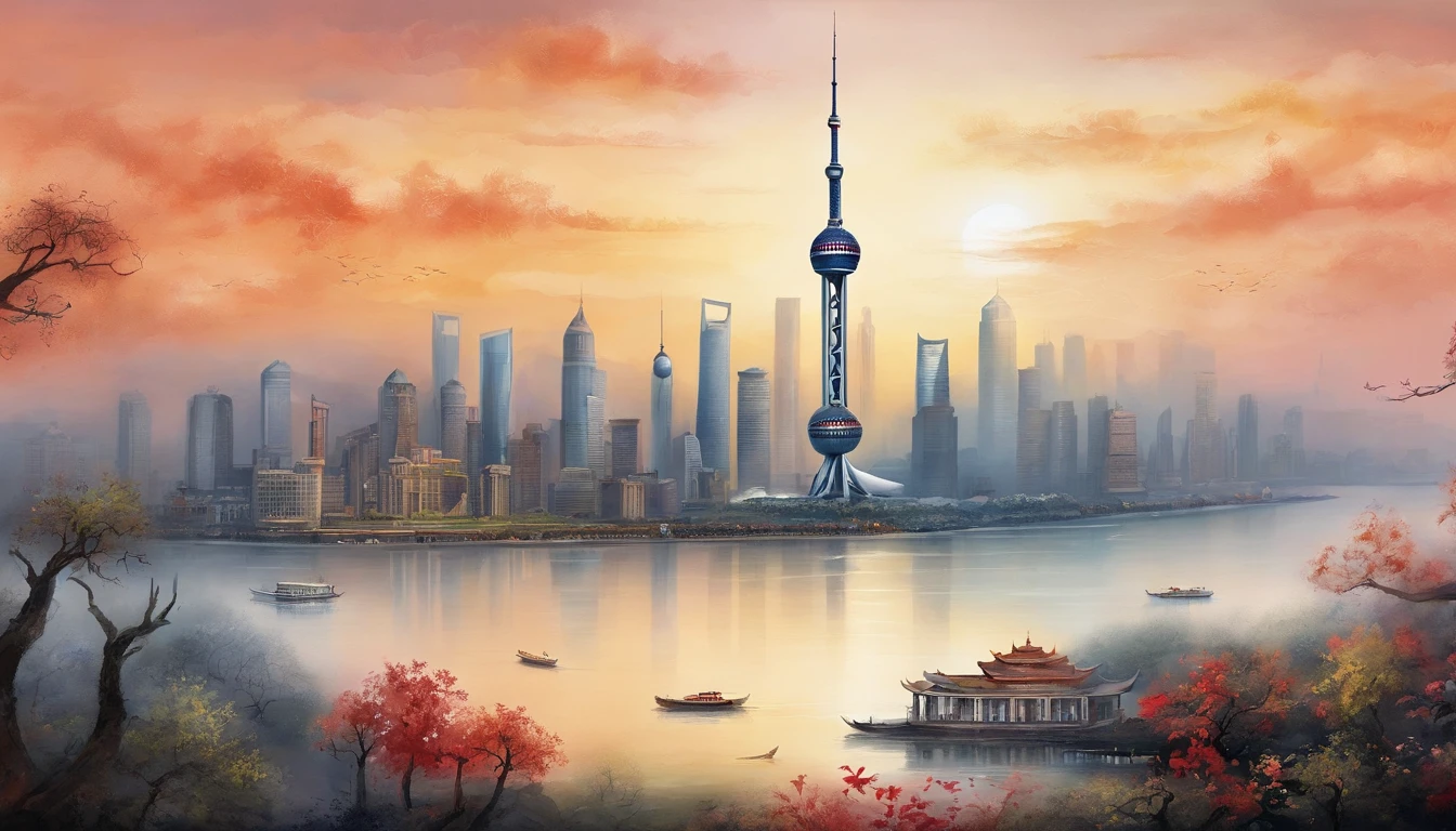 Chinese painting, Modern Chinese background, (Shanghai, China,Oriental Pearl TV Tower:1.4),City high-rises,Auspicious clouds,View of the Bund,rays of sunshine,Adopt a psychedelic color scheme,hyper detailed illustration,Light red and sky blue,Imaginary landscape,psychedelic manga,Landscapes and ultra HD images,Faraway view,1.4x realism,tmasterpiece, super detailing, Epic composition, hyper HD, high qulity, extremely detaile, offcial art, 统一 8k 壁纸,super detailing