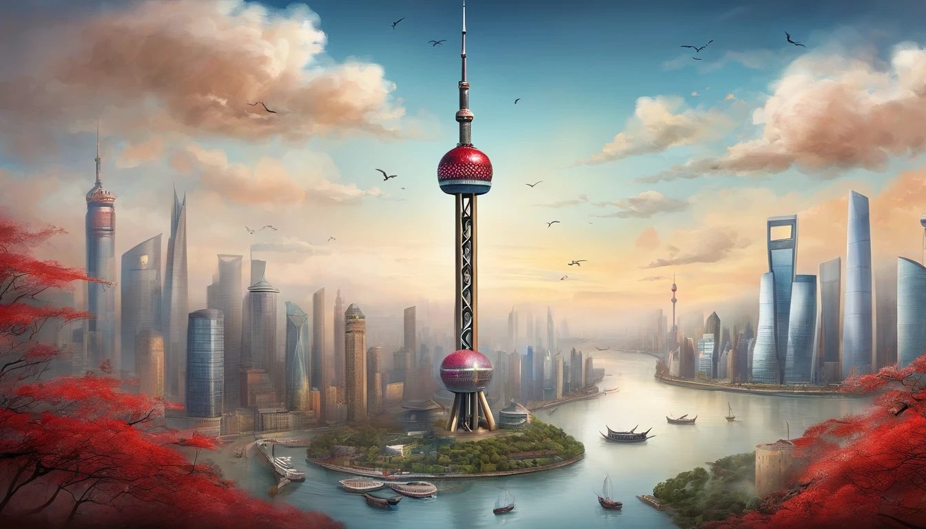 Chinese painting, Modern Chinese background, (Shanghai, China,Oriental Pearl TV Tower:1.4),City high-rises,Auspicious clouds,View of the Bund,rays of sunshine,Adopt a psychedelic color scheme,hyper detailed illustration,Light red and sky blue,Imaginary landscape,psychedelic manga,Landscapes and ultra HD images,Faraway view,1.4x realism,tmasterpiece, super detailing, Epic composition, hyper HD, high qulity, extremely detaile, offcial art, 统一 8k 壁纸,super detailing
