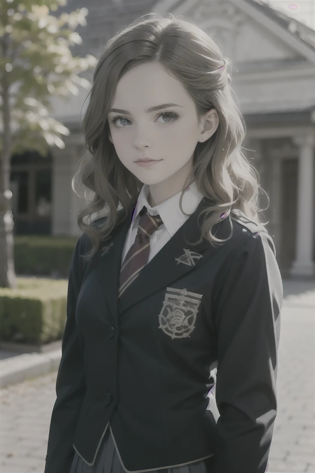 ((Soft light, Best quality, 8K, Masterpiece: 1.3)), Clear focus: 1.2,1girll,Hermione as a student at Gryffindor House,Wearing the uniform of the Academy。This uniform usually includes a striped tie、Black coat、Gray shawl、White shirt and black skirt,mistic,depth of fields