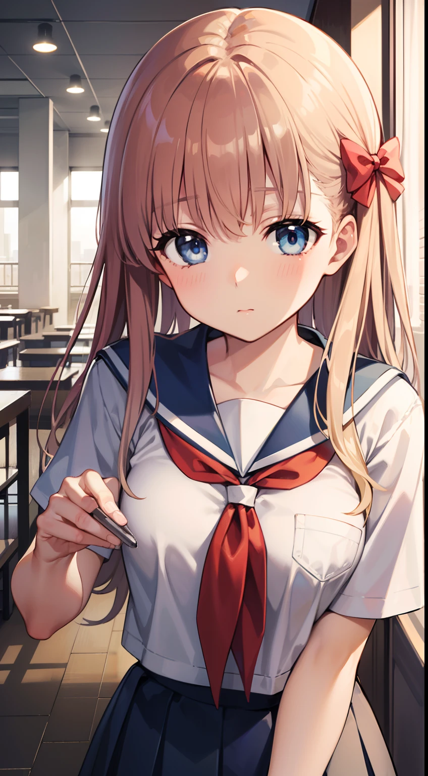 nodokaharamura, Nodoka Haramura, Blue eyes, Hair Bow, Long hair, Golden hair, Bow,
Blake Blue Skirt, Kiyosumi school uniform, Pleated skirt, School uniform, serafuku, Skirt,
BREAK looking at viewer,
Break indoors, crass room,
BREAK (masutepiece:1.2), Best Quality, High resolution, Unity 8k壁纸, (Illustration:0.8), (Beautiful detailed eyes:1.6), extra detailed face, Perfect Lighting, extremely details CG, (Perfect hands, Perfect Anatomy),