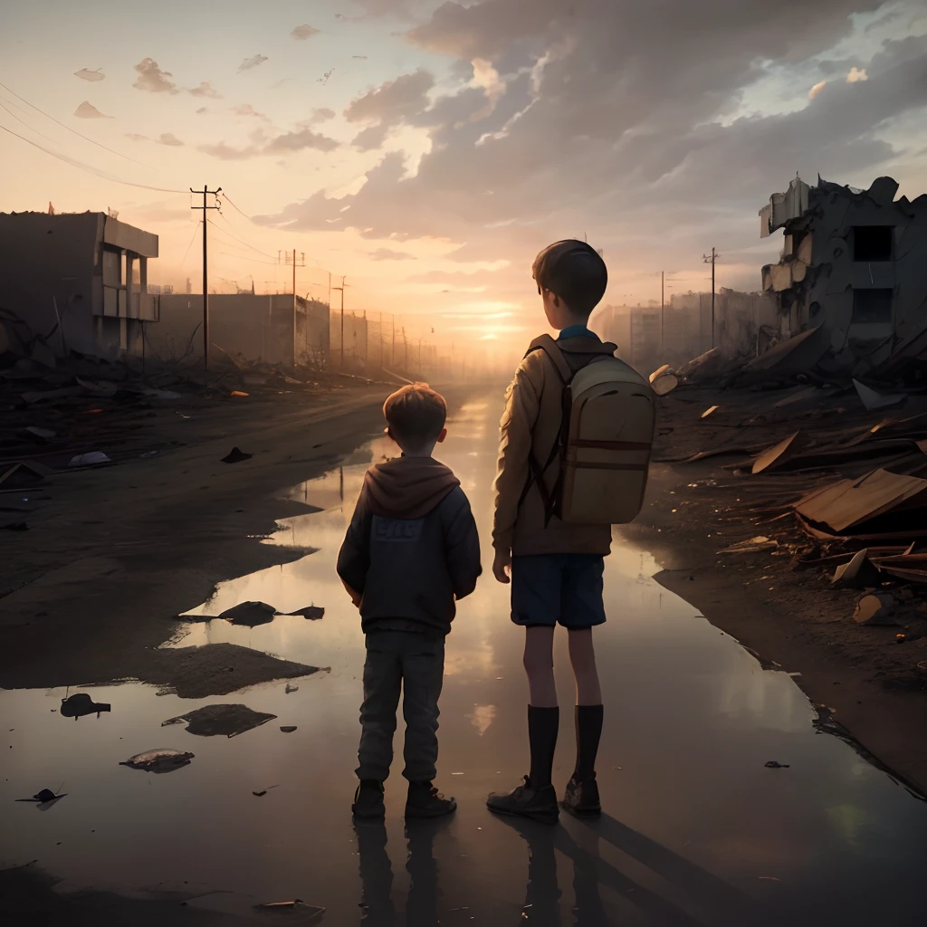 A devastated urban landscape unfolds before our eyes, showcasing the remnants of a city ravaged by chaos and destruction. Amidst the rubble and debris, a young boy stands defiantly with a loaf of bread in his hand. The sorrowful expression in his eyes conveys a mix of despair and determination, as if he is burdened with the responsibility of providing for his sister. The scene takes place during the tranquil hours of evening as the fading light casts a melancholic hue over the desolate surroundings. The image, captured through the lens of realistic photography, portrays a hauntingly beautiful contrast between the boy's fragile hope and the decaying remnants of a forgotten civilization.
