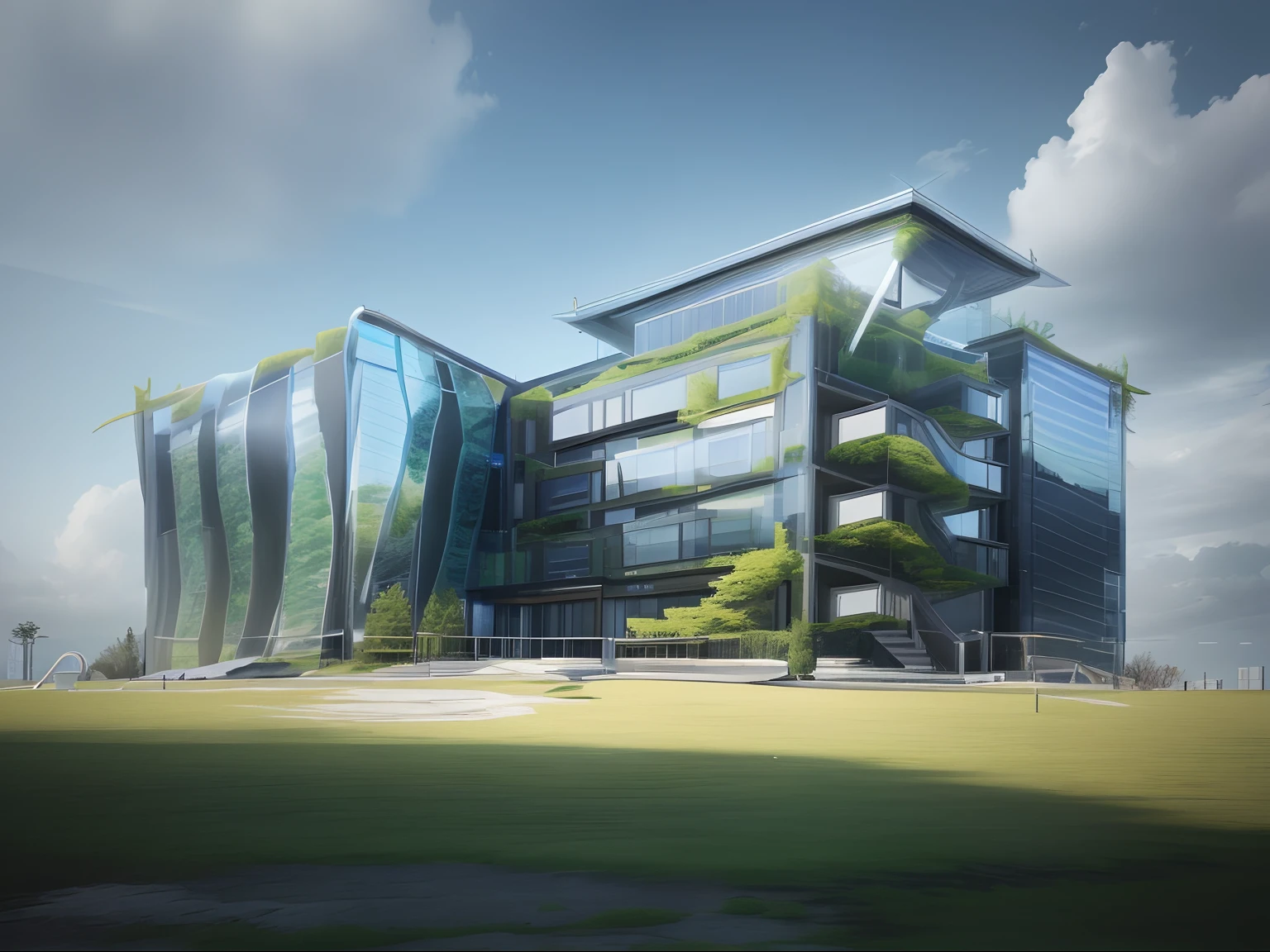 modern glass building, concrete and glass wall, nice landscape around, high tree, grass ground, daylight, blue and fresh sky, realistic rendering,