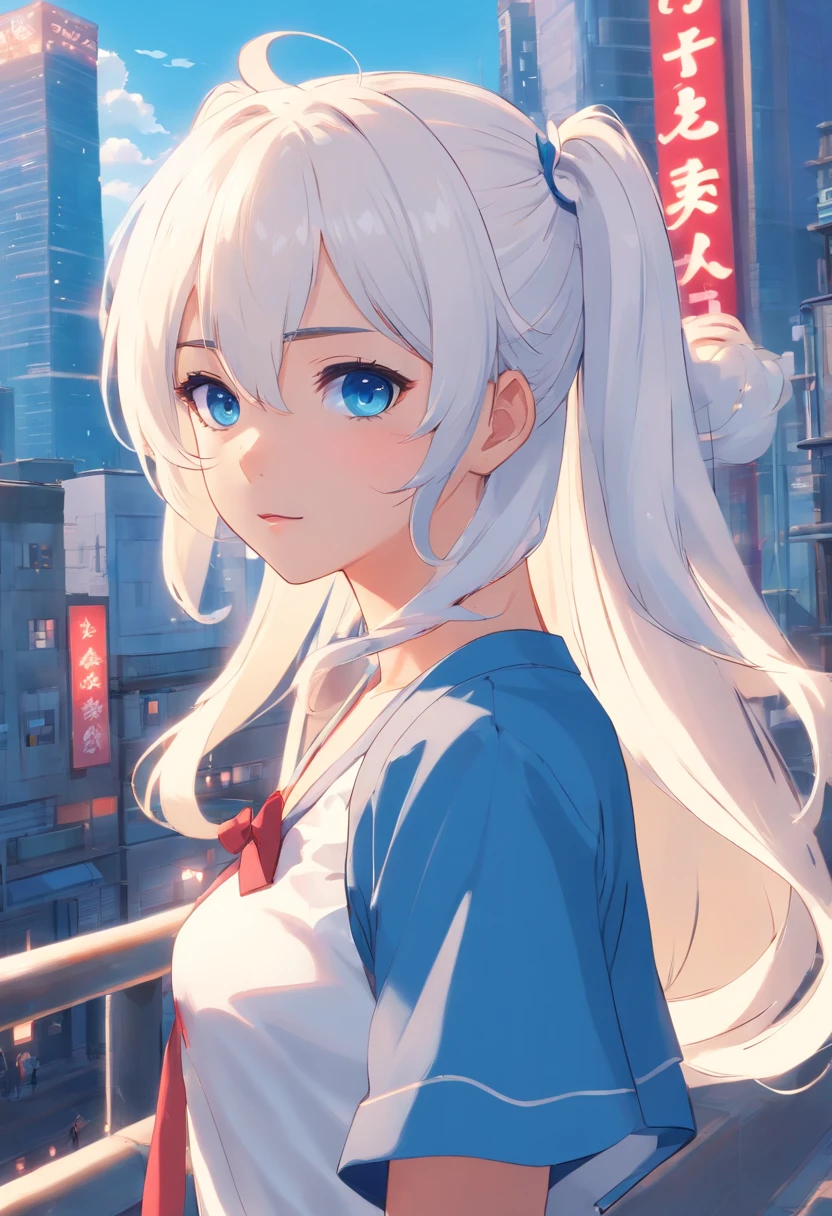 white color hair,double ponytail curls,blue color eyes,White Lolita,Beth,busy cityscape