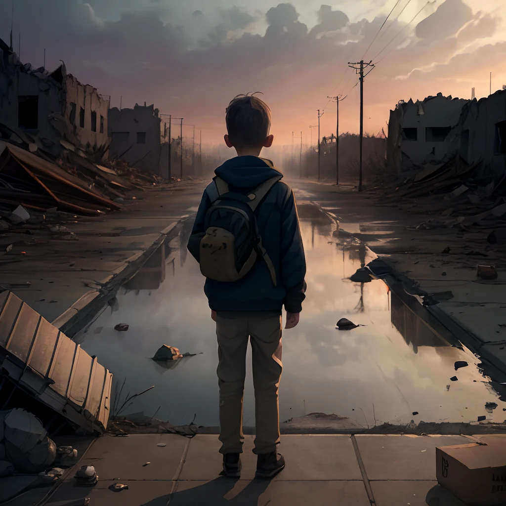A devastated urban landscape unfolds before our eyes, showcasing the remnants of a city ravaged by chaos and destruction. Amidst the rubble and debris, a young boy stands defiantly with a loaf of bread in his hand. The sorrowful expression in his eyes conveys a mix of despair and determination, as if he is burdened with the responsibility of providing for his sister. The scene takes place during the tranquil hours of evening as the fading light casts a melancholic hue over the desolate surroundings. The image, captured through the lens of realistic photography, portrays a hauntingly beautiful contrast between the boy's fragile hope and the decaying remnants of a forgotten civilization.