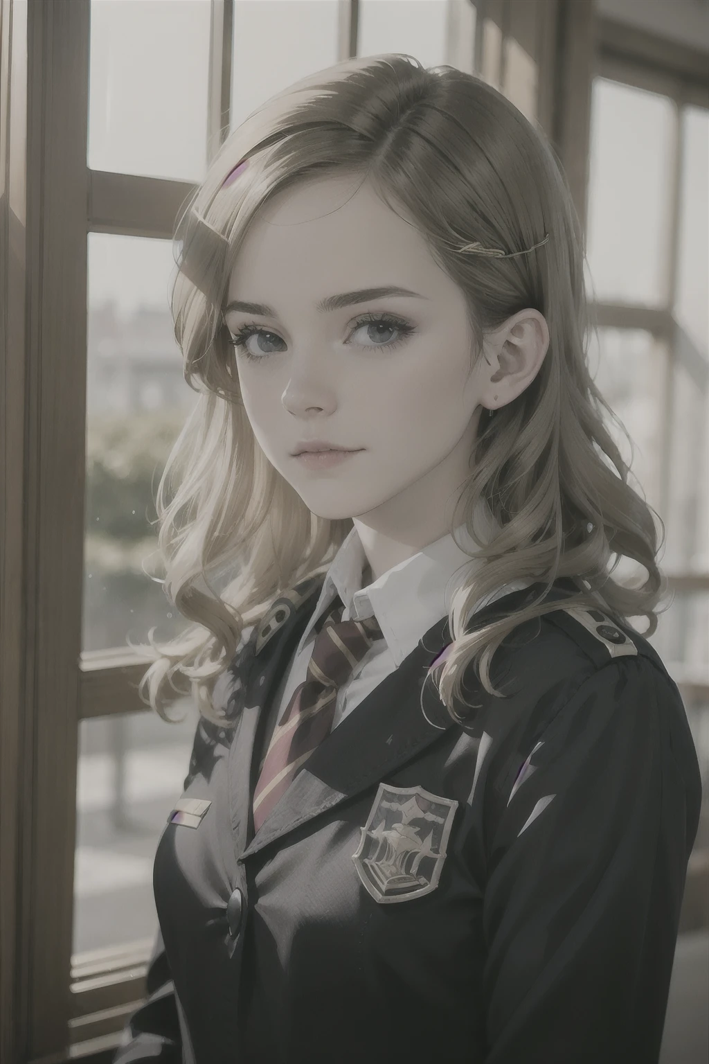 ((Soft light, Best quality, 8K, Masterpiece: 1.3)), Clear focus: 1.2,1girll,Hermione as a student at Gryffindor House,Wearing the uniform of the Academy。This uniform usually includes a striped tie、Black coat、Gray shawl、White shirt and black skirt,mistic,depth of fields