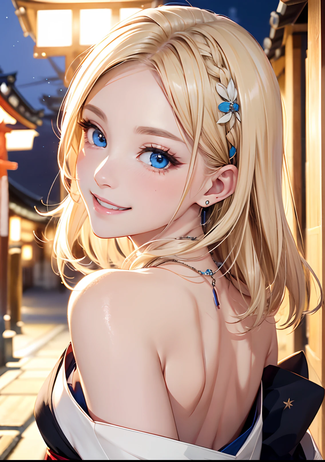 absurderes, ultra-detailliert,bright colour, masuter piece,extremely beautiful detailed anime face and eyes, view straight on, ;D, shiny_skin,25 years old, (Smooth straight blonde hair),(Forehead:1.1) Shiny hair, Delicate beautiful face, red blush、(Deep Blue Eyes:1.3), White skin, hair clips, (Looking back:1.3)、(Happy smile:1.3)、Shiny hair、small earring、Small necklace、Brightly colored kimono、(Kyoto at night:1.4)、starrysky