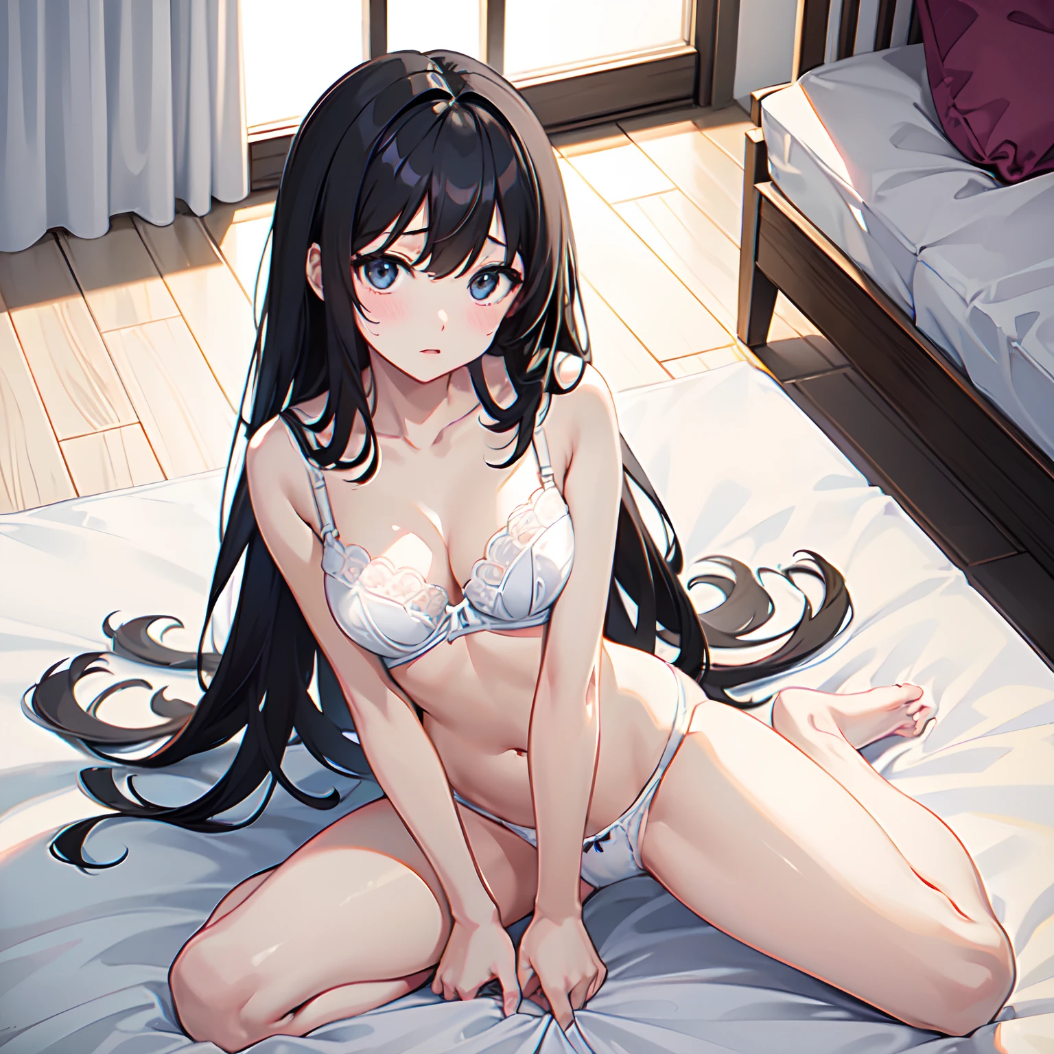 ​masterpiece、top-quality、hight resolution、独奏、inside the house、Out-of-position bra、side tie thong、lying on one's side、From  above、open arms、Two thighs are exaggerated、lusting、a bed、disheveled underwear、hard breathing、Sexual expression、((White bra:1.4))、((White panties:1.4))、Super delicate and cute girl with black hair、a junior high school student、14years、8K Ultra High Definition、Delicate texture、 Medium Hair、flat chest、