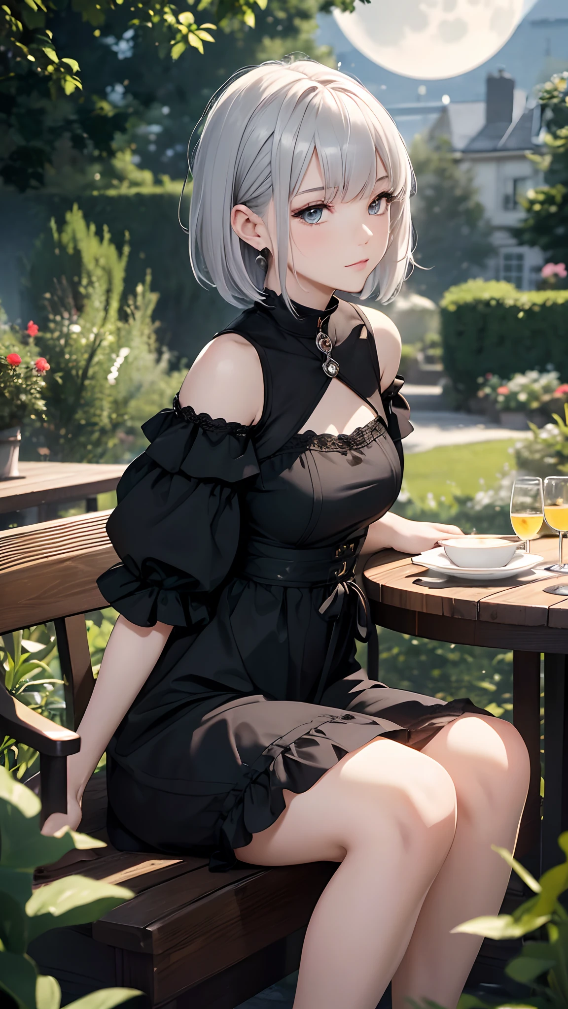 (ultra-realistic, highres, best quality, 4k, professional, cowboy shot), an illustration in Full HD that showcases a 21-year-old girl's cool style, beauty eyes, sharp eyes. Her Asymmetric Pixie hairstyle, silver hair, short hair, and left-facing bangs with red highlights make her stand out. She's dressed in a fashionable party black dress, night, moon, tea party, sitting, tea party on the table, flower garden, exuding confidence and individuality.