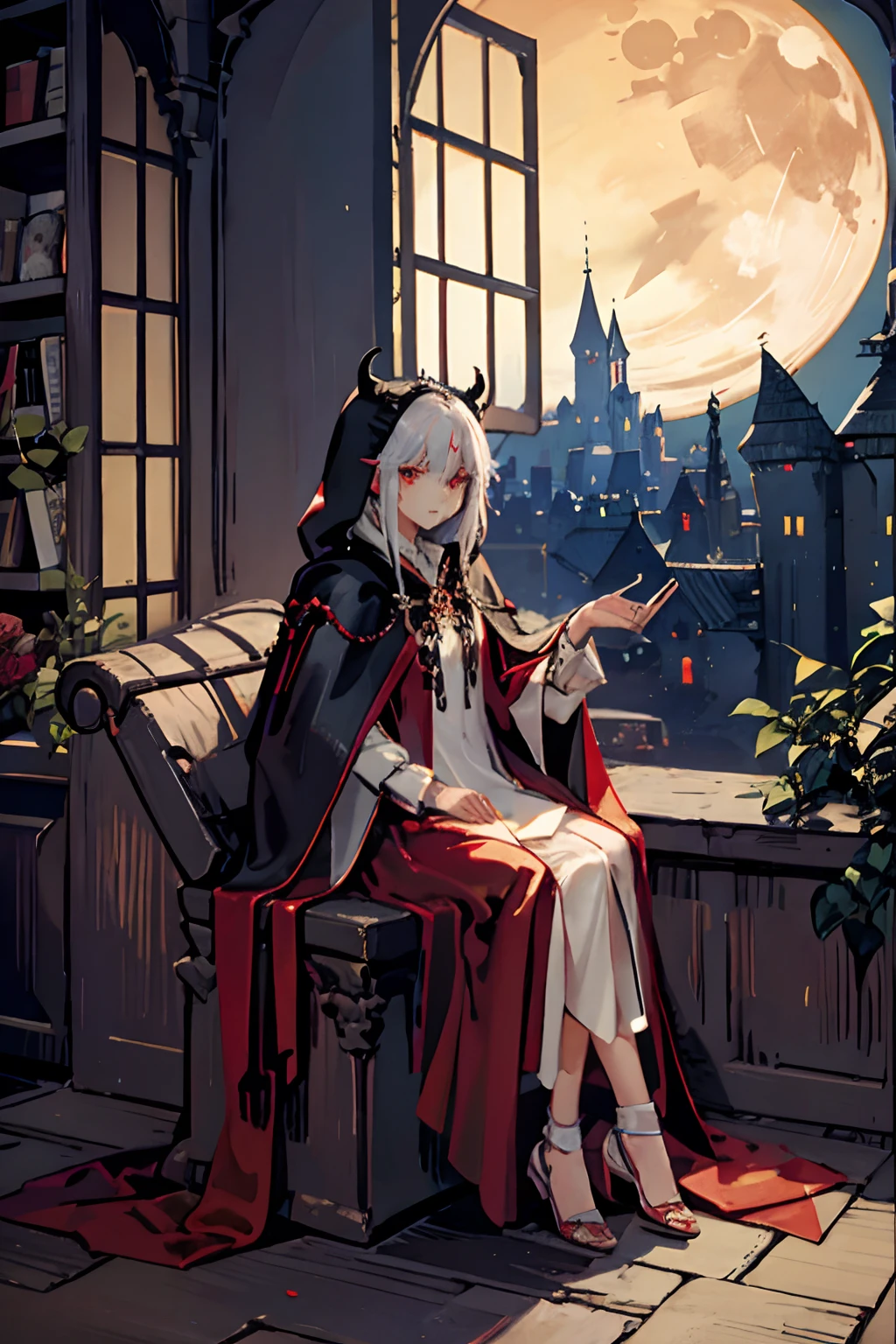 Vampire girl in cloak over naked。Sitting in the window of an old castle and looking at the moon