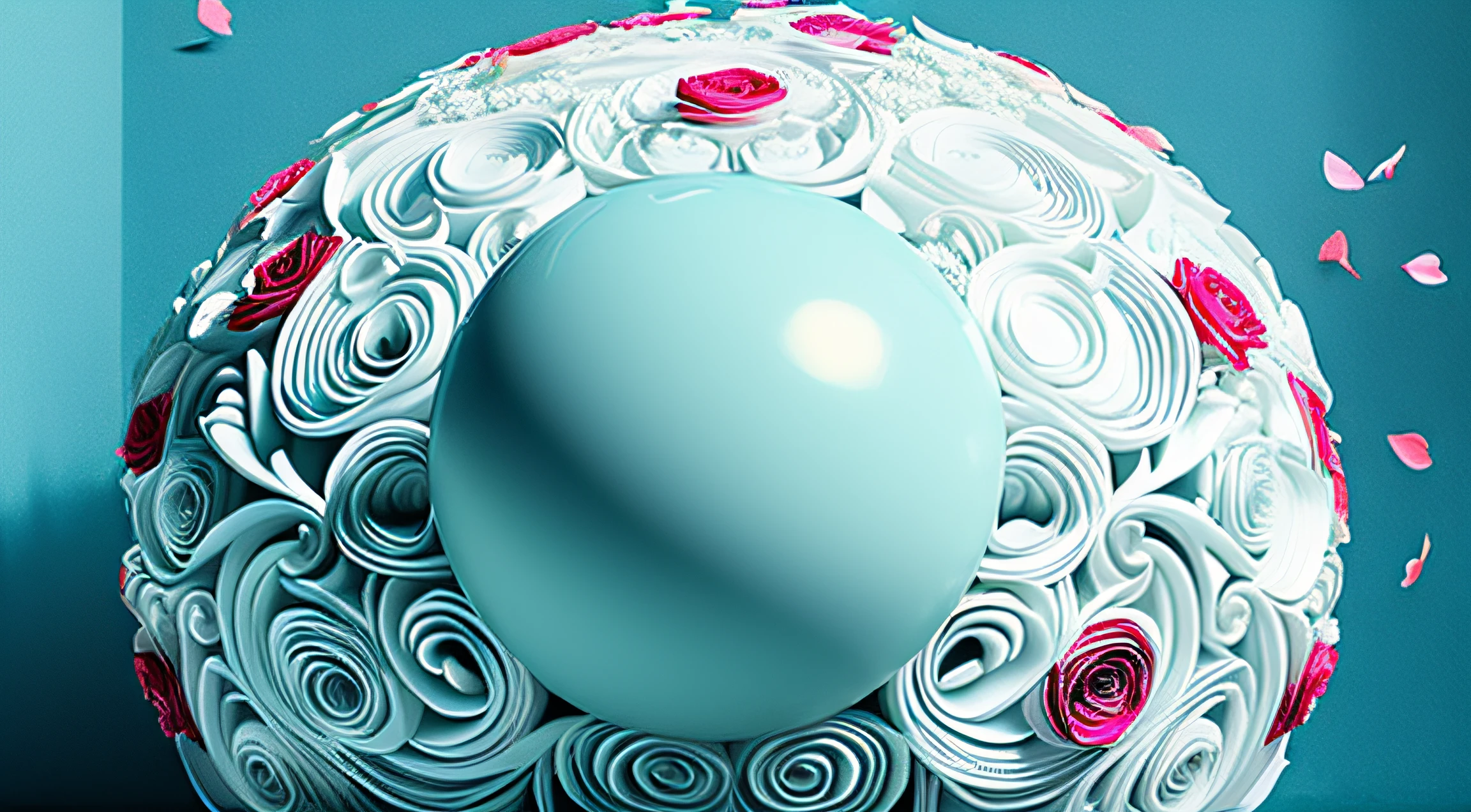 In this ultra-detailed CG art, There is a white ball, surrounded by unearthly roses, on a turquoise background, beste-Qualit, hight resolution, intricate detials, phantasy