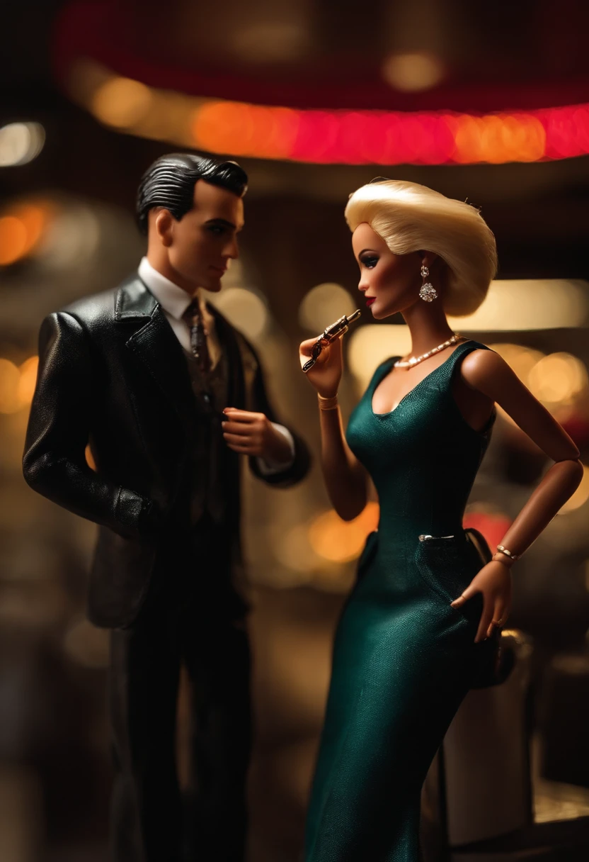 beautiful ruthless gangsters who are really just small plastic poseable fashion Barbie dolls, chatting in a mall, smoking cigars, movie villains, cinematic