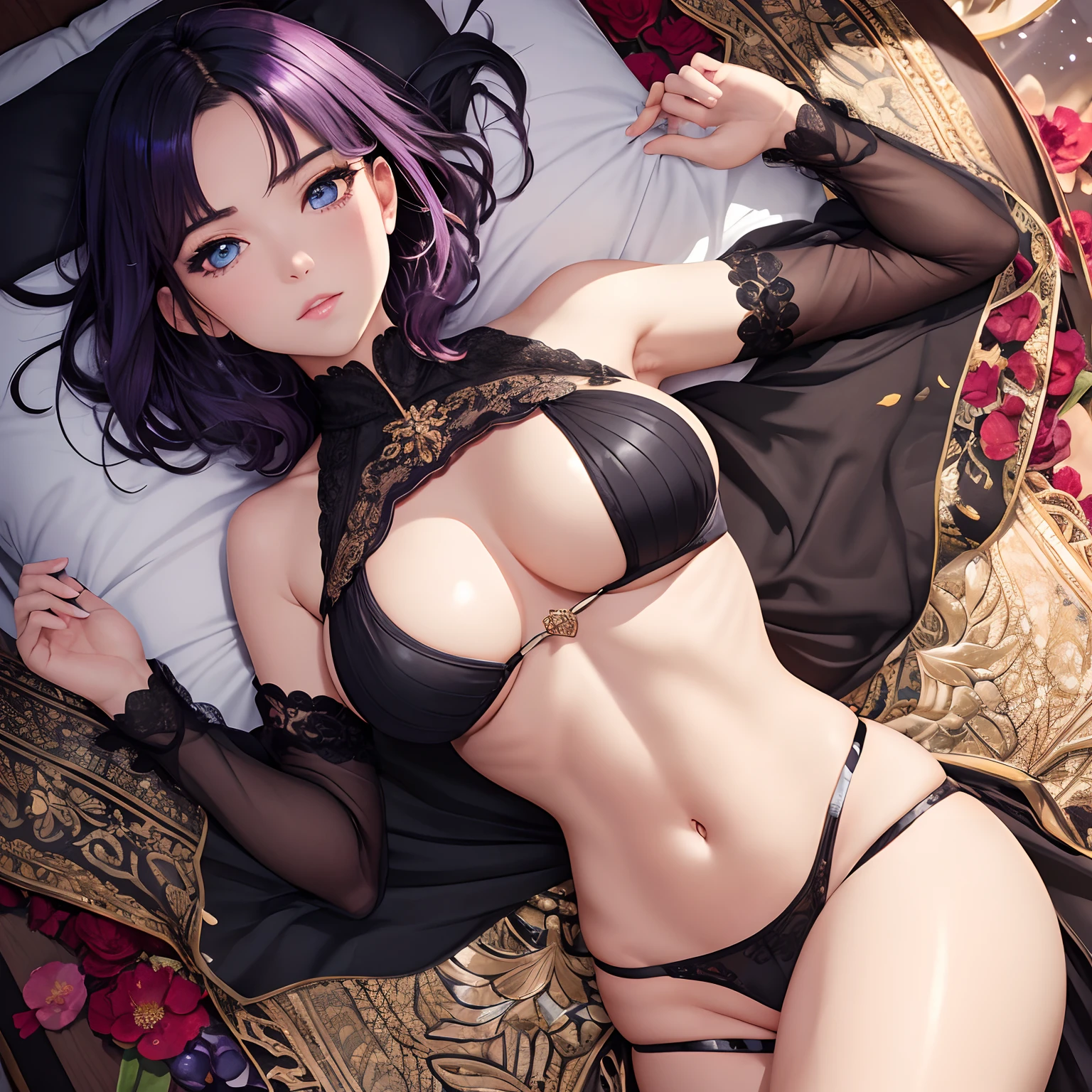 finest image, portrait, detailed and delicate depiction, beautiful cute sexy lady, amorous expression, lewd expression, ecstasy, orgasm, black glossy braided bangs iridescent short hair, blue sparkling big eyes, red alluring moist big thick lips, medium breasts, under boobs, side boobs, abs, ass, perfect proportion, long thin legs, cover your chest and crotch with your hands, background on the bed, that emits fantastic light, light particles, light sparkles, petals, scatter white red gold and silver glitter and confetti, rainbow-colored feathers, professional lighting