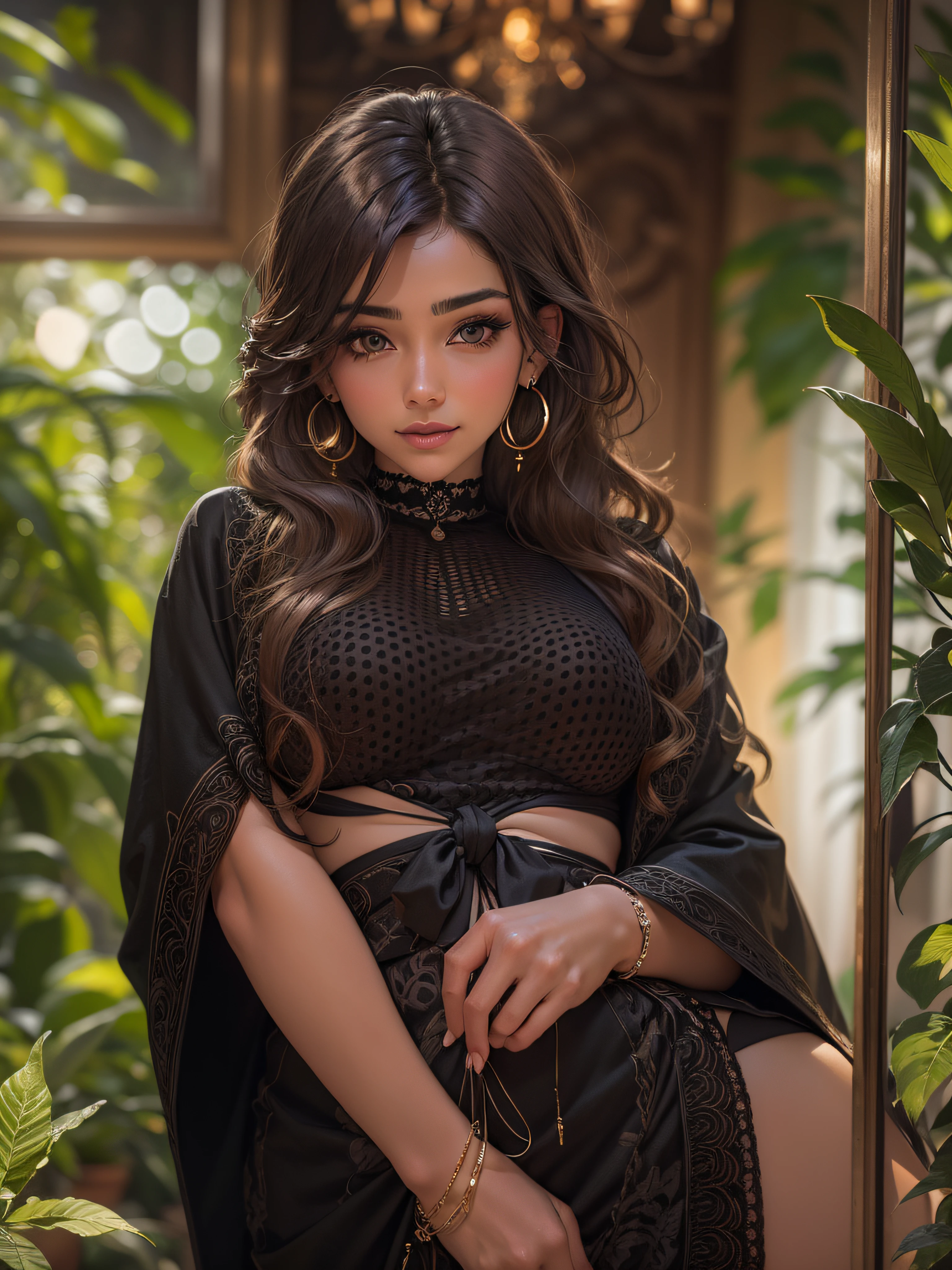 an Indian girl in a black sheered robe posing for a picture, wearing edgTemptation, ((NSFW)), indoors, a luxurious hotel, night, plants, smile, mixed Indian, background blur, focus, professional photography, dynamic angle shot, film grain, bokeh, ray tracing, dynamic lighting, tilt camera, from a front shot, lens flare, (((masterpiece))), ((best quality)), ((intricate detailed)), ((realistic)), (50mm Sigma f/1.4 ZEISS lens, F1.4, 1/800s, ISO 100, photograpy:1.1), perspective, brown, milf, mature woman, sensual position, highly detailed, illustration, 1girl, ((big breasts)), beautiful detailed eyes, long hair, bang, brown hair, brown eyes, black choker, earrings, detailed background, perfect eyes, seductive eyes, looking at the viewer, from front, looking at camera