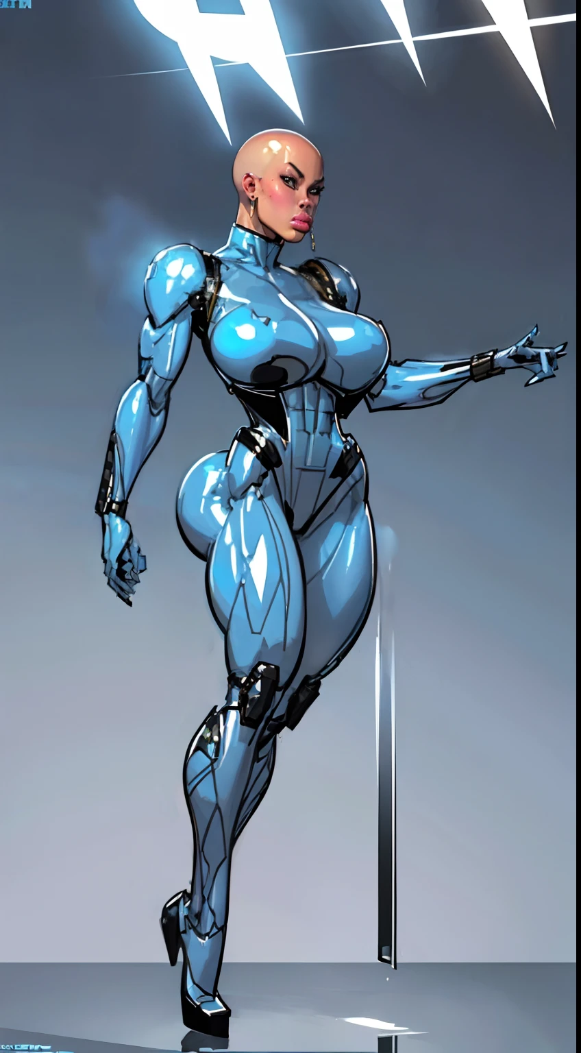 8k ((full body view))((view from below:1.5)),(large eyes:1.3), defined cheekbones, looking back, ((the pit style:1.4))((sleek chrome bodysuit:1.6)) ((intricate metal details:1.4))detailed face:1.5), lightblue skin,(puffy lips:1.5) (lightblue skin:1.6), (bald woman:1.7), (skinhead) ((sexy pose)),(Muscular:1.3), ((gigantic breasts:1.5)), )highly detailed, majestic, digital photography, art by artgerm and ruan jia and greg rutkowski, ((metal shoulder pads:1.2)), (masterpiece), sidelighting, intricate details, black and blue color palette
