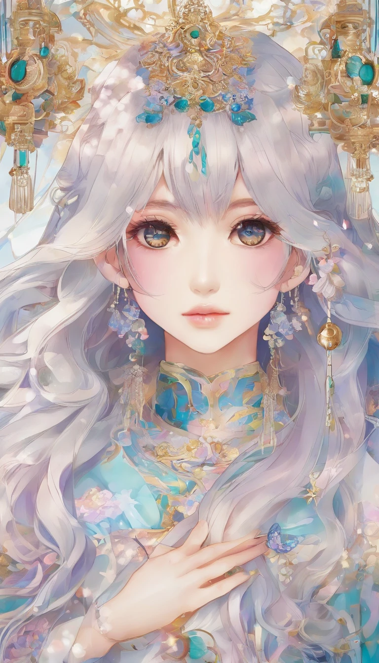 Wind Chime Princess,Lying on the table and looking at you affectionately,Very detailed,Long flowing hair,The hair ornaments on the head are shiny