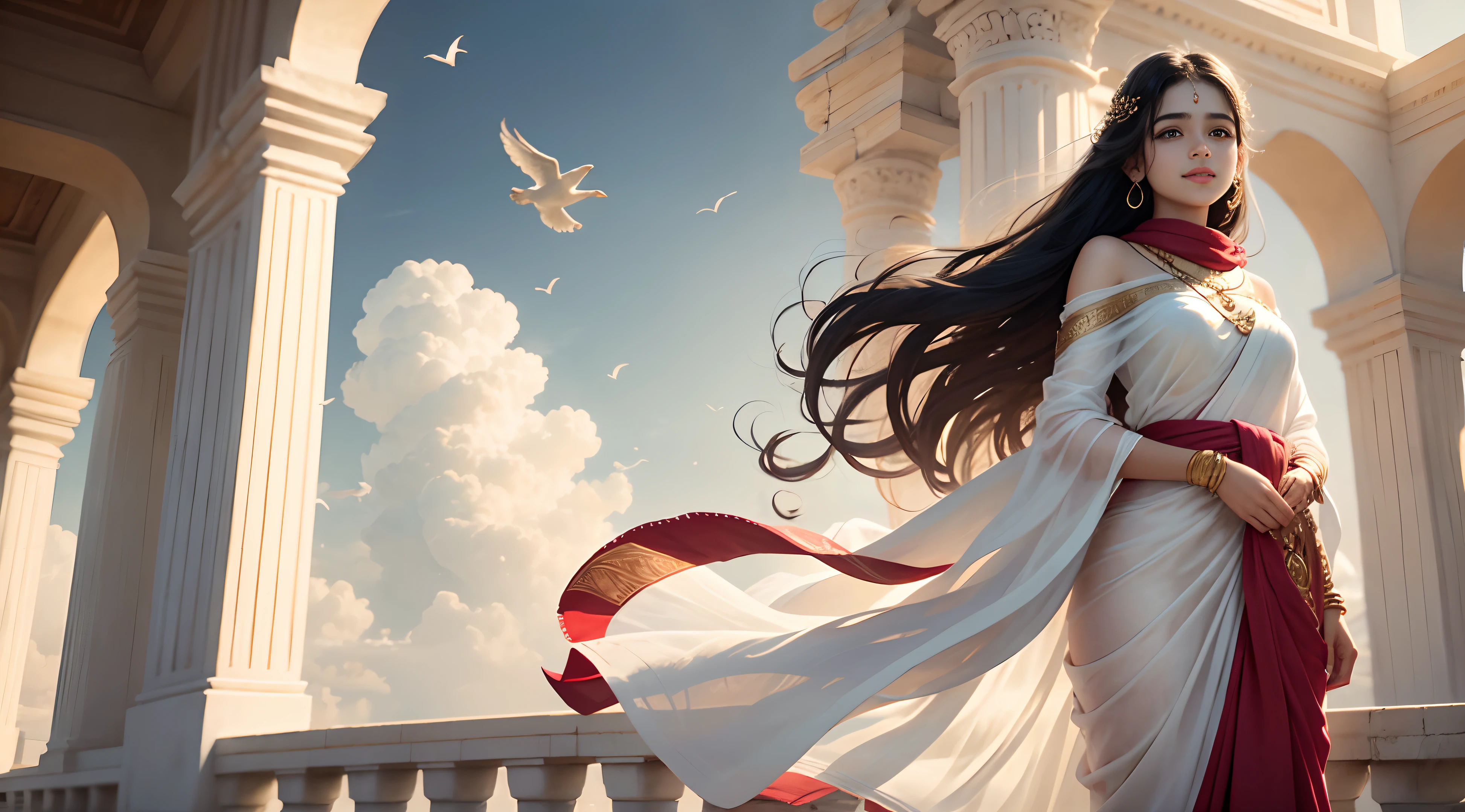 one very beautiful 16 year old teen girl wearing red sari, standing on balcony of beautiful mysterious white palace in top of the sky, palace in top of clouds, long hair, very beautiful white teen girl, red lipsticks, complex designed sari, alone teen girl, smiling, black long hair, wind blowing hair, front view, chubby teen girl, very beautiful white color skin, fully white color body, pure white skin tone, Indian origin, king's daughter, wearing heavy 24k pure gold made ornaments, gold glittering, full body view, joyful teen girl, fabulous, romantic, lovely, outdoor, highly detailed, daylight, cloudy sky, stormy air, birds flying in the sky