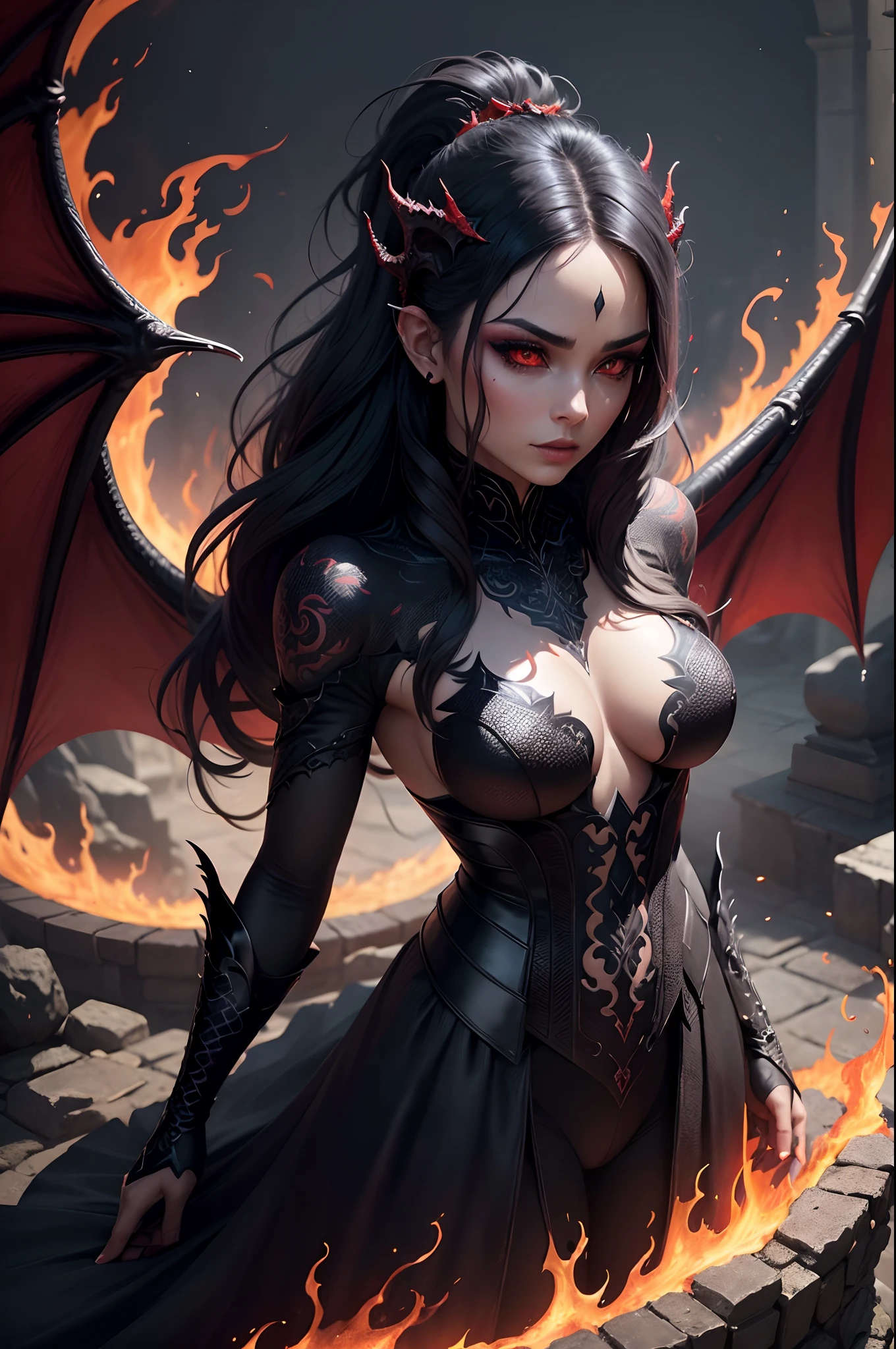 A beautiful dragon woman with black and red scales (Best quality,Ultra-detailed),tatouage noir,maquillage noir, fierce expression, yeux de feu, dents pointues, ciel sombre (dark atmosphere), Surrounded by flames, create a sense of danger and mystery (Horror theme). The dragon is illuminated by moonlight (Subtle lighting), projeter des ombres sur le sol. The overall tone of the colors is dark and intense, avec une combinaison de noirs profonds et de rouges vibrants. Dragon scales have a bright texture, and the flames seem realistic and vivid. Presenting the beauty and strength of the dragon.