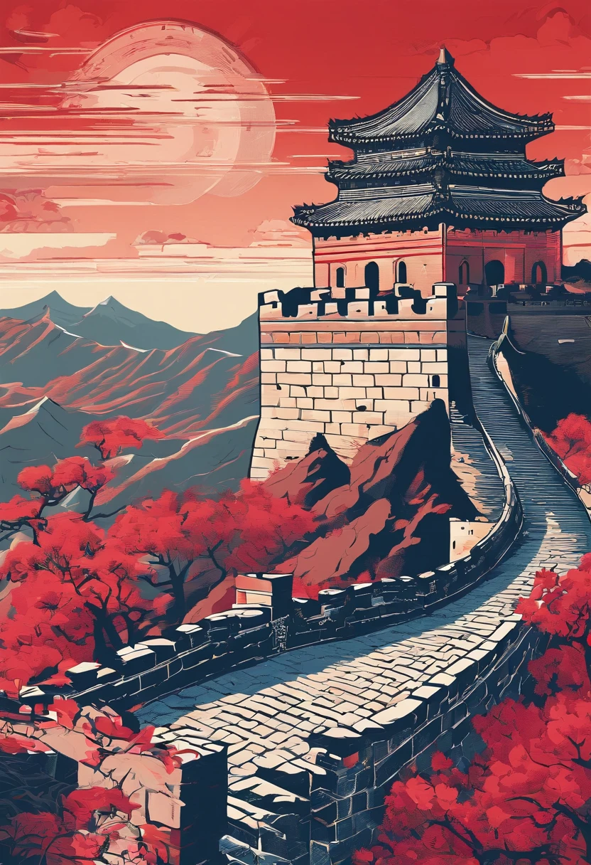 Chinese painting, Modern Chinese background, (the great wall:1.4),mountain ranges,Auspicious clouds,Pavilions,rays of sunshine,Adopt a psychedelic color scheme,hyper detailed illustration,Light red and sky blue,Imaginary landscape,psychedelic manga,Landscapes and ultra HD images,Faraway view,1.4x realism,tmasterpiece, super detailing, Epic composition, hyper HD, high qulity, extremely detaile, offcial art, 统一 8k 壁纸,super detailing