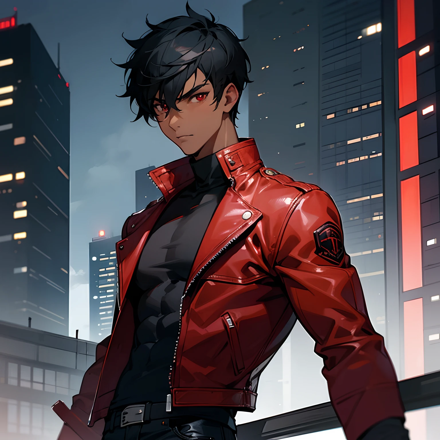 1boy, detailed face, detailed eyes, dark-skinned male, black hair, short hair, red eyes, red jacket, leather jacket, black turtleneck, black jeans, muscular male, outdoors, city