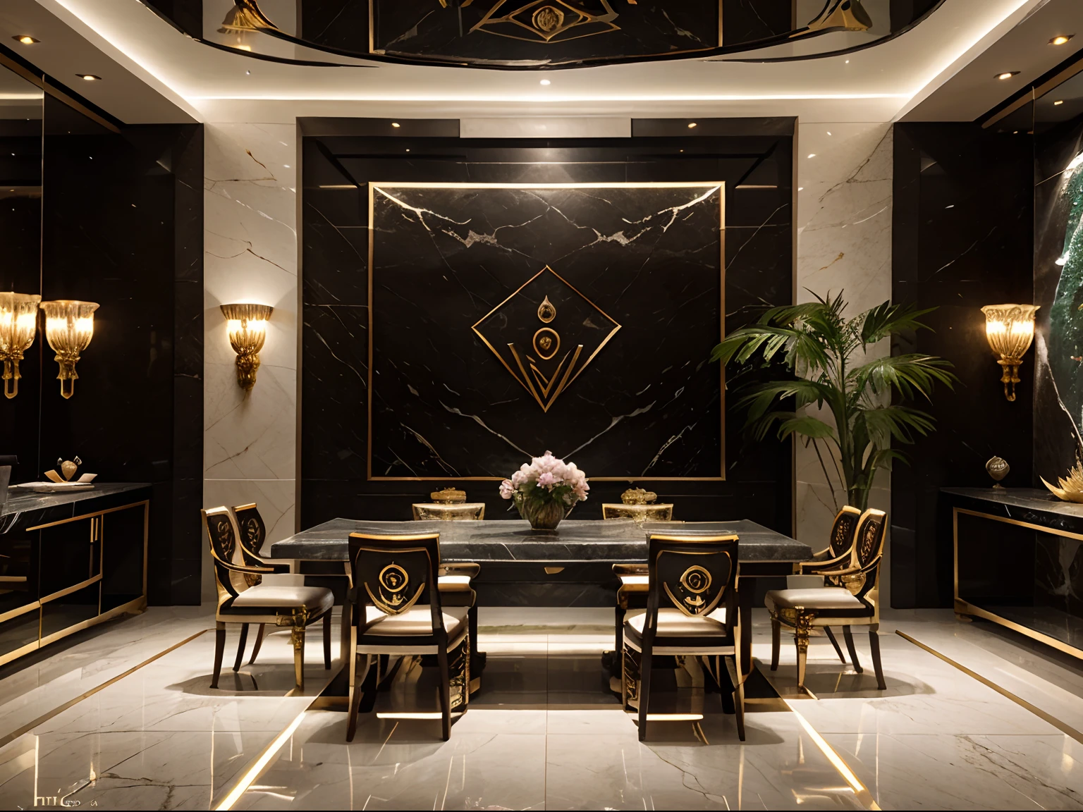 incredible luxurious futuristic interior dinning room in Ancient Thailand style with many ((lush plants)) (lotus flowers), ((palm trees)), rocky walls, (sand), ((amazing waterfalls)), (marble), ((precious minerals)), ((metals)), (gemstones), crystals, clouds and ((water)), futuristic luxury furniture, crocodiles, ((hieroglyphics)), (((ultra luxury))), (black marble) – with ((beautiful lights)), Unreal Engine, HQ, 16k