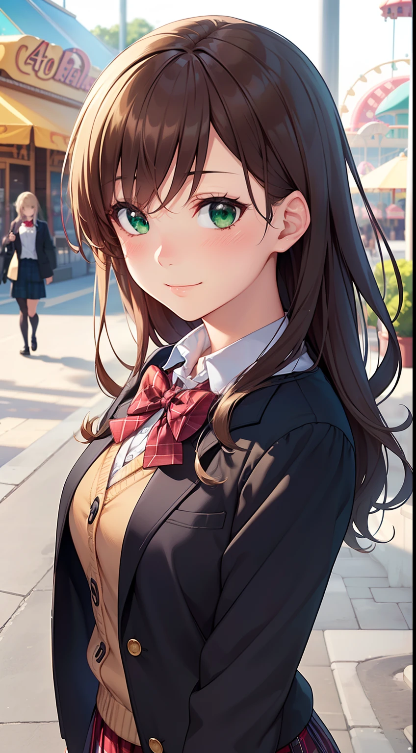 ((masutepiece, Best Quality, hight resolution, nffsw, Perfect Pixel, depth of fields, 4K, nffsw, nffsw))), 1girl in, Single, Solo, Beautiful anime girl, Beautiful Art Style, Anime Character, ((Long hair, Bangs, Golden head hair, Curly hair:0.8)), ((Green eyes:1.4, rounded eyes, Beautiful eyelashes, Realistic eyes)), ((Detailed face, Blushing:1.2)), ((Smooth texture:0.75, Realistic texture:0.65, Photorealistic:1.1, Anime CG style)), medium breasts, Dynamic Angle, Perfect body, ((Portrait, POV)), ((red bowtie, School uniform, Black jacket, Open jacket, Brown cardigan, White shirt, Black skirt, plaid skirts)), Smile, amusement park
