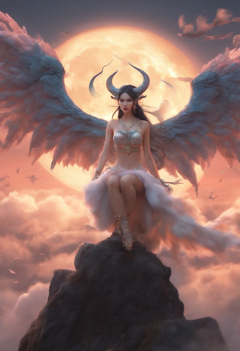((melhor qualidade)), ((tmasterpiece)), (um detalhado), ((Novo)), Succubus Temptation, ethereal beauty, empoleirado em uma nuvem, (Fantasy Illustration 1.3), olhares hipnotizantes, postura cativante, asas delicadas, Charme Sobrenatural, mystical sky, (Luís Royo1.2), (Yoshitaka Amano1.1), Noite de Lua, cor pastel, (Ambiente de nuvem detalhado1.3), (A high resolution1.2)
