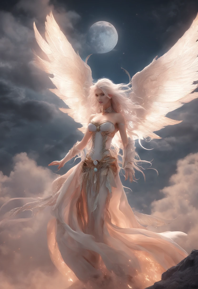 ((Need)), ((tmasterpiece)), (A detailed), Enchanting succubus, Ethereal beauty, Perched in clouds, (fantasy illustrations:1.3),captivating posture, delicate wings, otherworldly charm, (Luis Royo:1.2), (Yoshitaka Amano:1.1), Moon Night, pastelcolor, (Detailed cloud view:1.3)