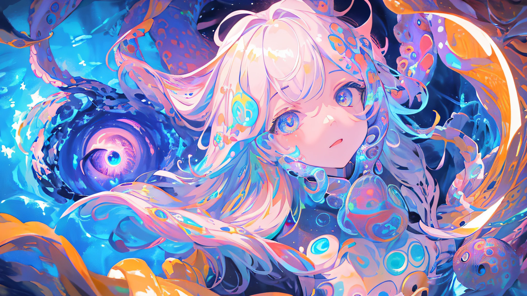 8k picture,(masterpiece, bestquality:1.2), (ultra-detail),(illustration), wallpaper, original, (1girls) , beautiful detailed water,Cosmic Eye,Sensation of shock,(Realistic :0.5),octopus,Original 2 High saturation,(Surrounded by colors and dots),colorful bubble,(shining)