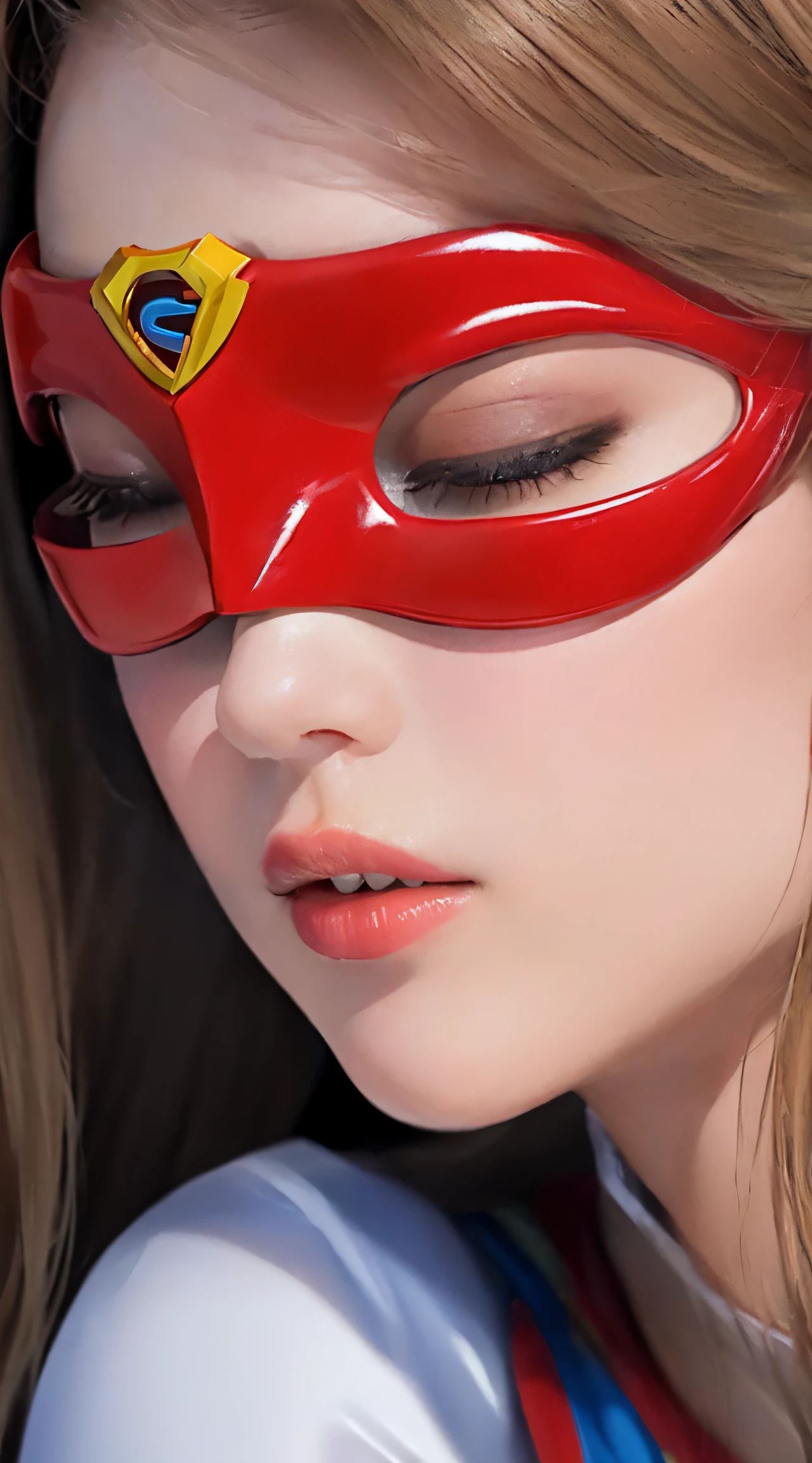 (8K, RAW Photos, of the highest quality, Masterpieces: 1.2), (Realistic, Photorealistic: 1.37), Highest Quality, Ultra High Resolution, light leaks, Dynamic lighting, Slim and smooth skin, (Full body:1.3), (Soft Saturation: 1.6), (Fair skin: 1.2), (Glossy skin: 1.1), Oiled skin, 22 years old, Night, shiny white blonde, Well-formed, Hair fluttering in the wind, (Close-up shot of face only:1.2), Physically Based Rendering, From multiple angles, (Supergirl in a glass bottle:1.2), all-fours, Chest is sheer, with round face, a blond, red-lips, eye mask, white shirt,