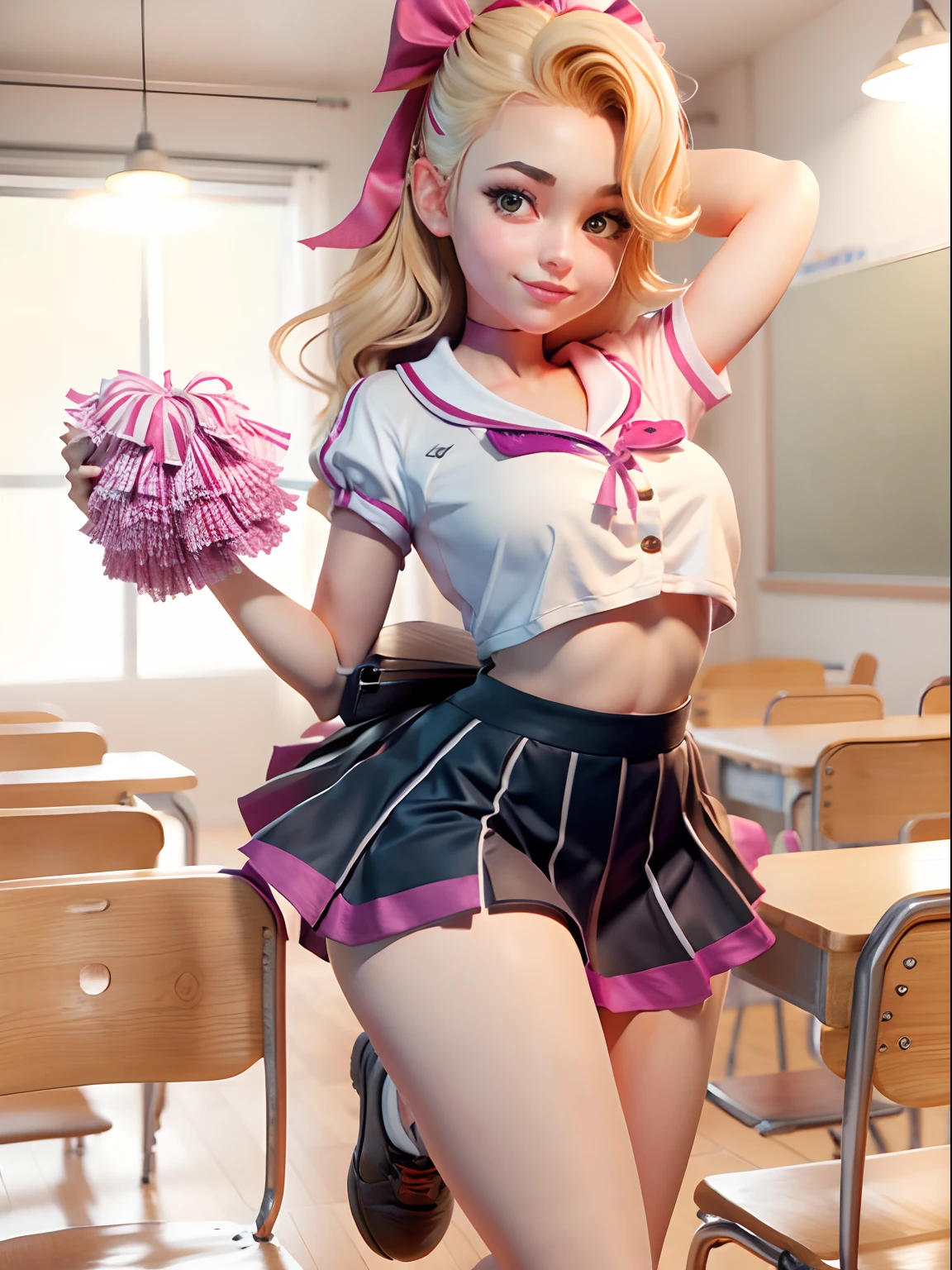 cheer girl　Underwear pattern　‎Classroom　early evening　A smile　No thin uniform buttons　Underwear pattern multicolor hair　up skirt　raise leg