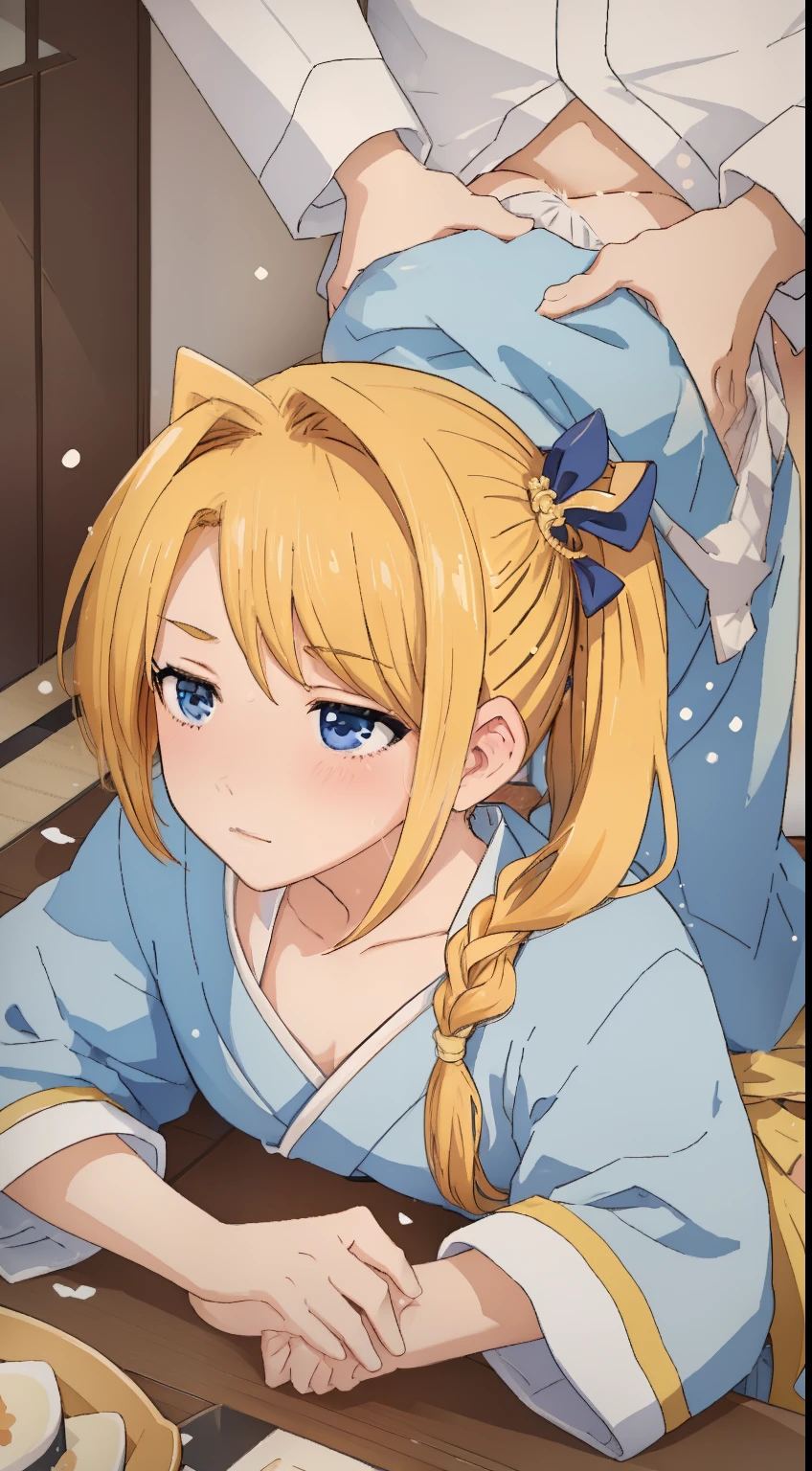 man，Masculinity，Golden hair，pony tails，blue color eyes，flatchest，A Japanese-style room，sex