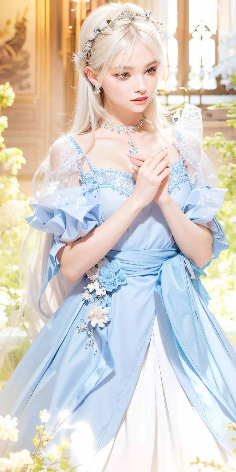 princess,white-haired deity,dress,delicate androgynous princess,natural expression,beautiful detailed eyes,beautiful detailed lips,extremely detailed eyes and face,long eyelashes,soft lighting,ethereal atmosphere,flowing dress,whimsical background,subtle colors.