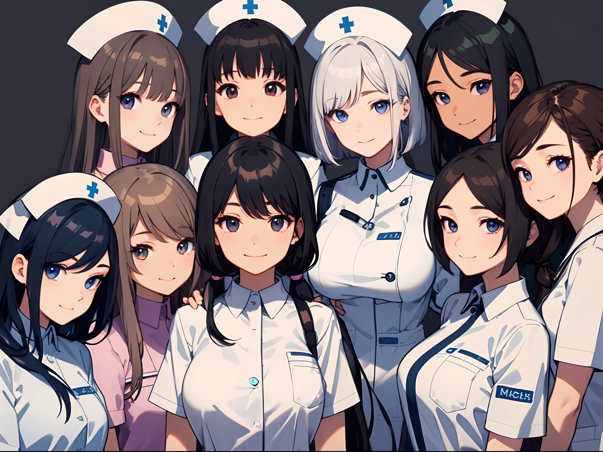 ​masterpiece、top-quality、detaile、hight resolution、extremely delicate and beautiful、Short bob with black hair、simple background、upper body closeup、beutiful breast、Nursing School、Nursing Student、Smile、multiple female、5 women、4 females、3 women、