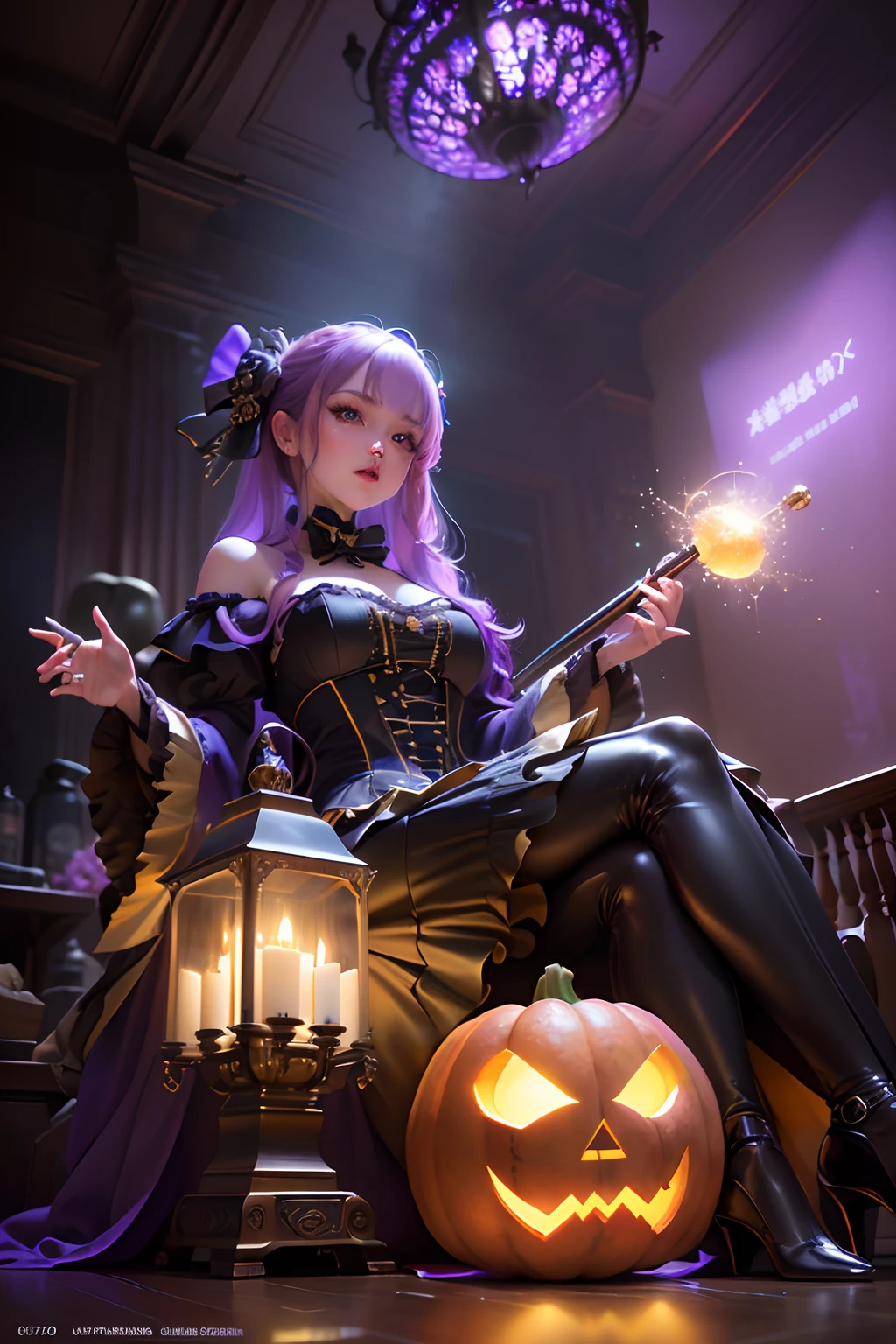 neo-classical, conceptual art, Ray tracing, Sparkle, Ultra-wide angle, kanon, f/4.0, hyper HD, 巨作, Best quality, A high resolution, Award-Awarded, 16k，Alchemy，steampunc，pumpkins，the bats，Flying broom，Purple sky，