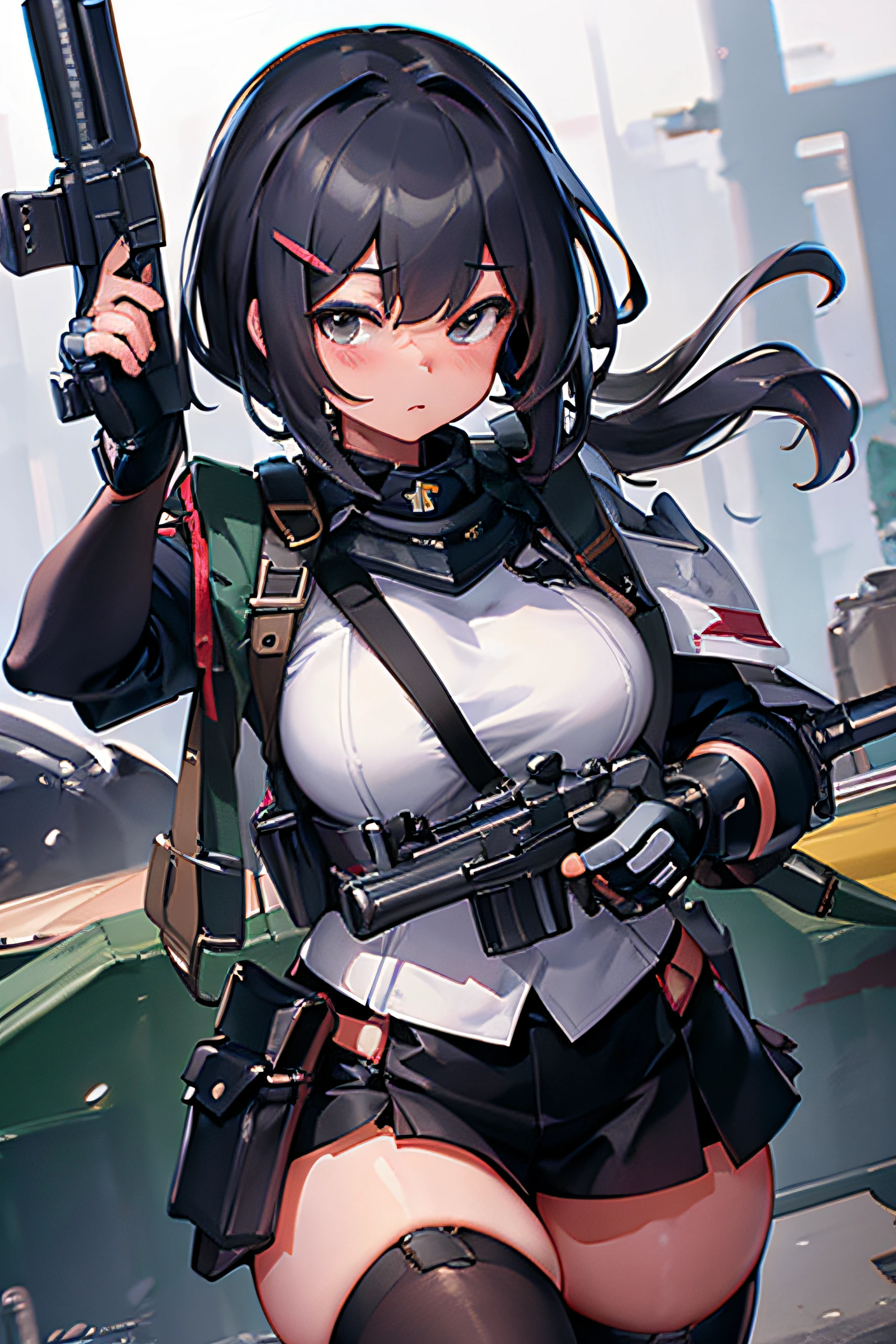 Best quality, masterpiece, super high resolution, single, 1 girl, depth of field, military, assault rifle school outfit, tactical armor, stockings, curvy thighs, combat stance